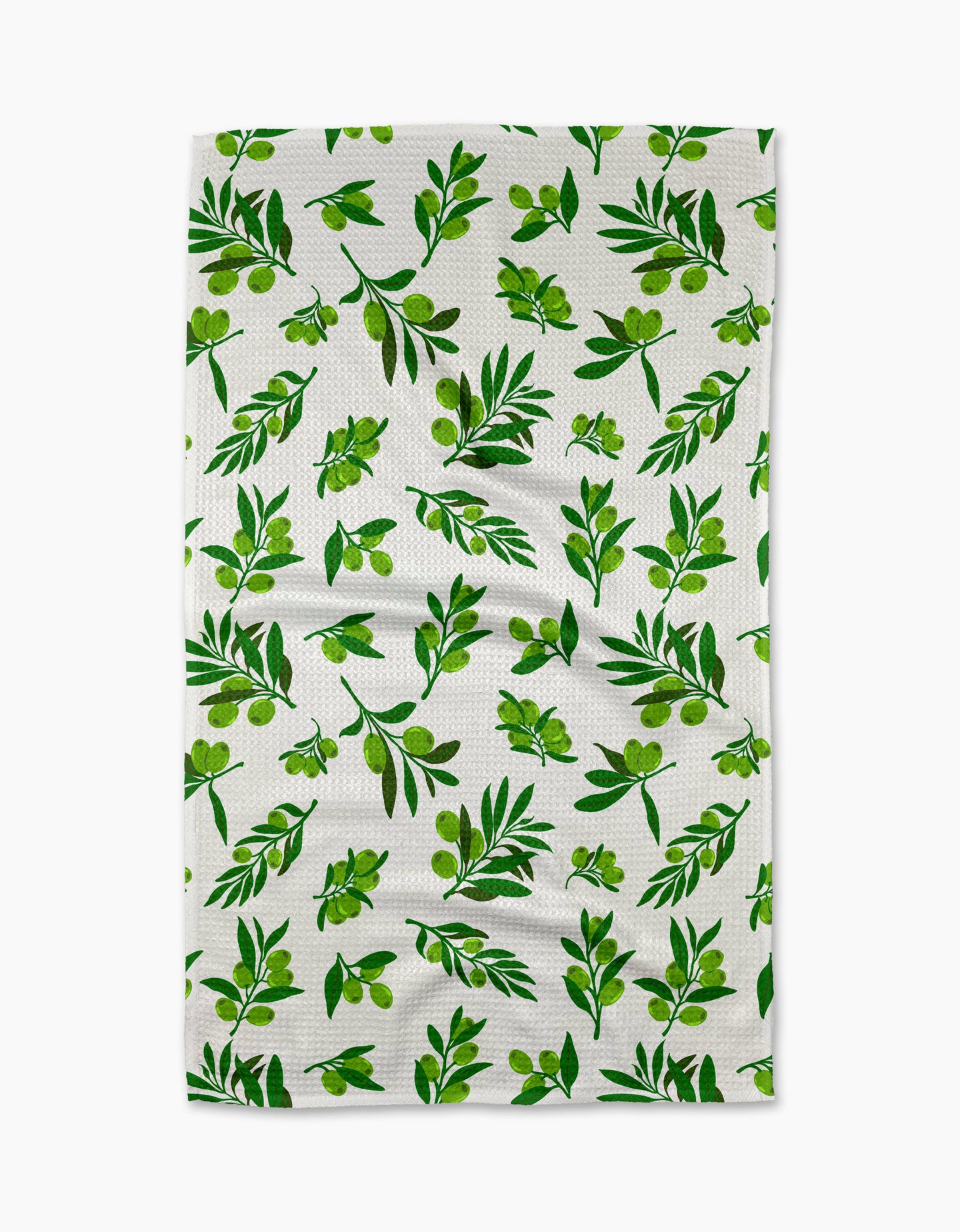 The Olive Grove dish towel by Vaishali Design Studio is ultra-absorbent, white, and features green olive branches—a stylish and functional addition to any kitchen.