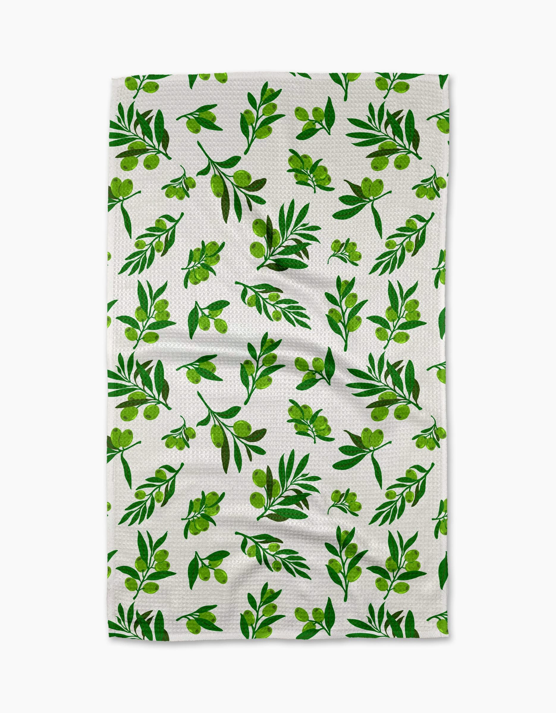The Olive Grove dish towel by Vaishali Design Studio is ultra-absorbent, white, and features green olive branches—a stylish and functional addition to any kitchen.