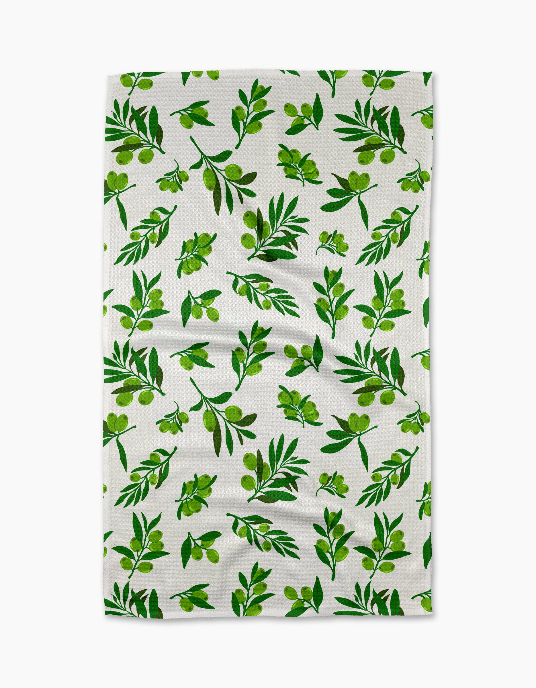 The Olive Grove dish towel by Vaishali Design Studio is ultra-absorbent, white, and features green olive branches—a stylish and functional addition to any kitchen.