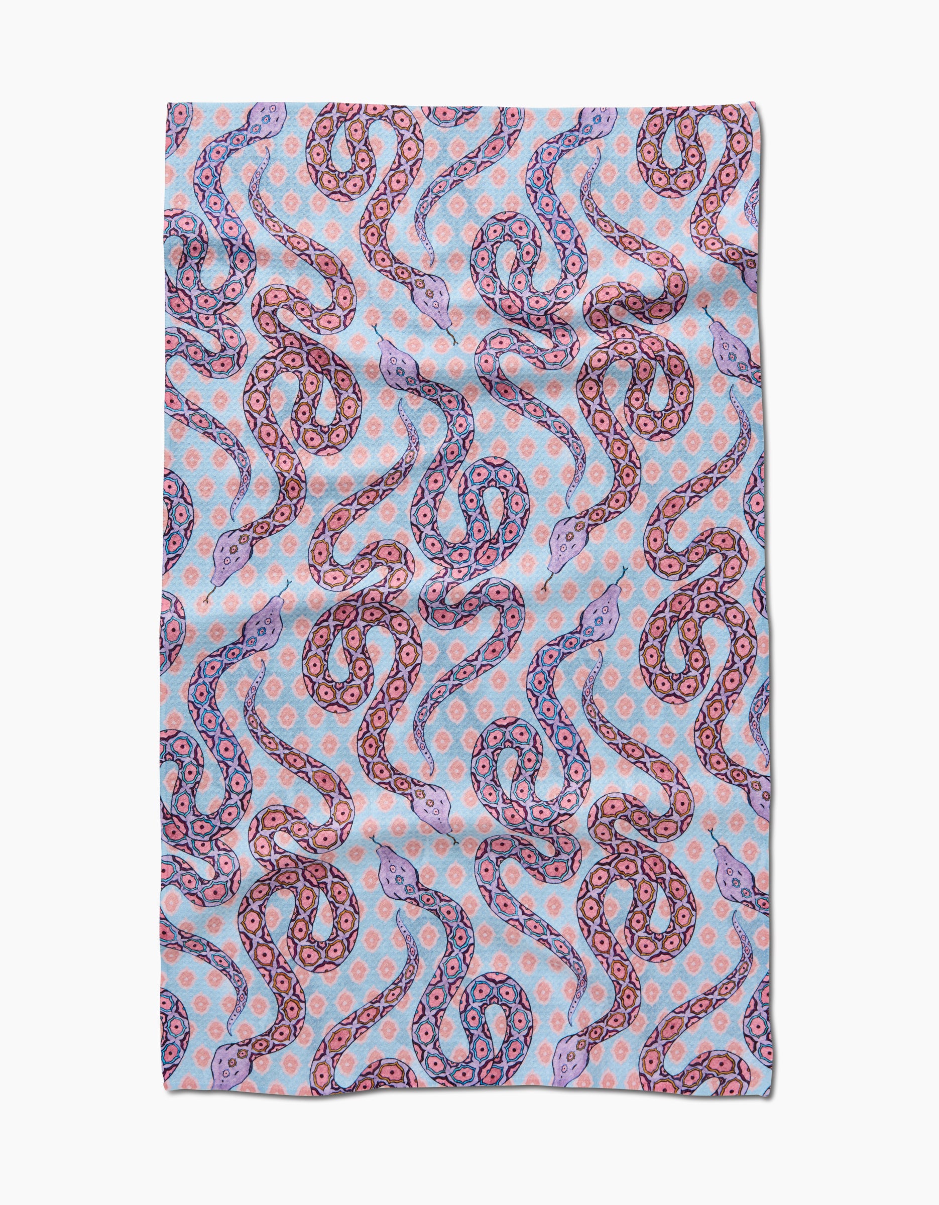 The Ophidia tea towel by Maayan Alper-Swan features colorful, stylized snakes in pink, purple, and blue with dotted accents. This light blue, rectangular towel is made from ultra-absorbent post-consumer recycled materials.