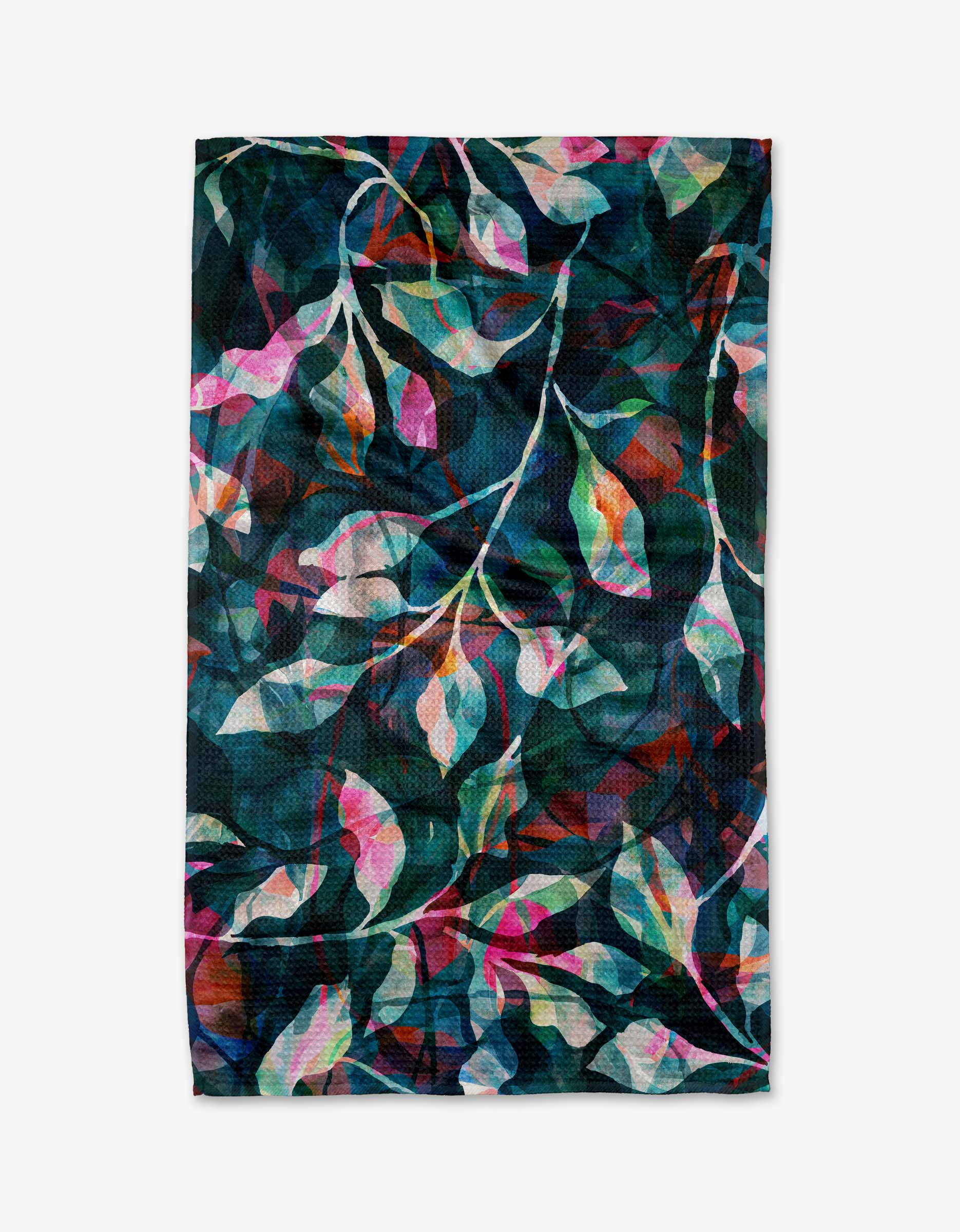 The Rachel Parker Painted Foliage Teal dish towel is rectangular and absorbent, featuring a vibrant pattern of overlapping pink, green, teal, and white leaves on a dark background.