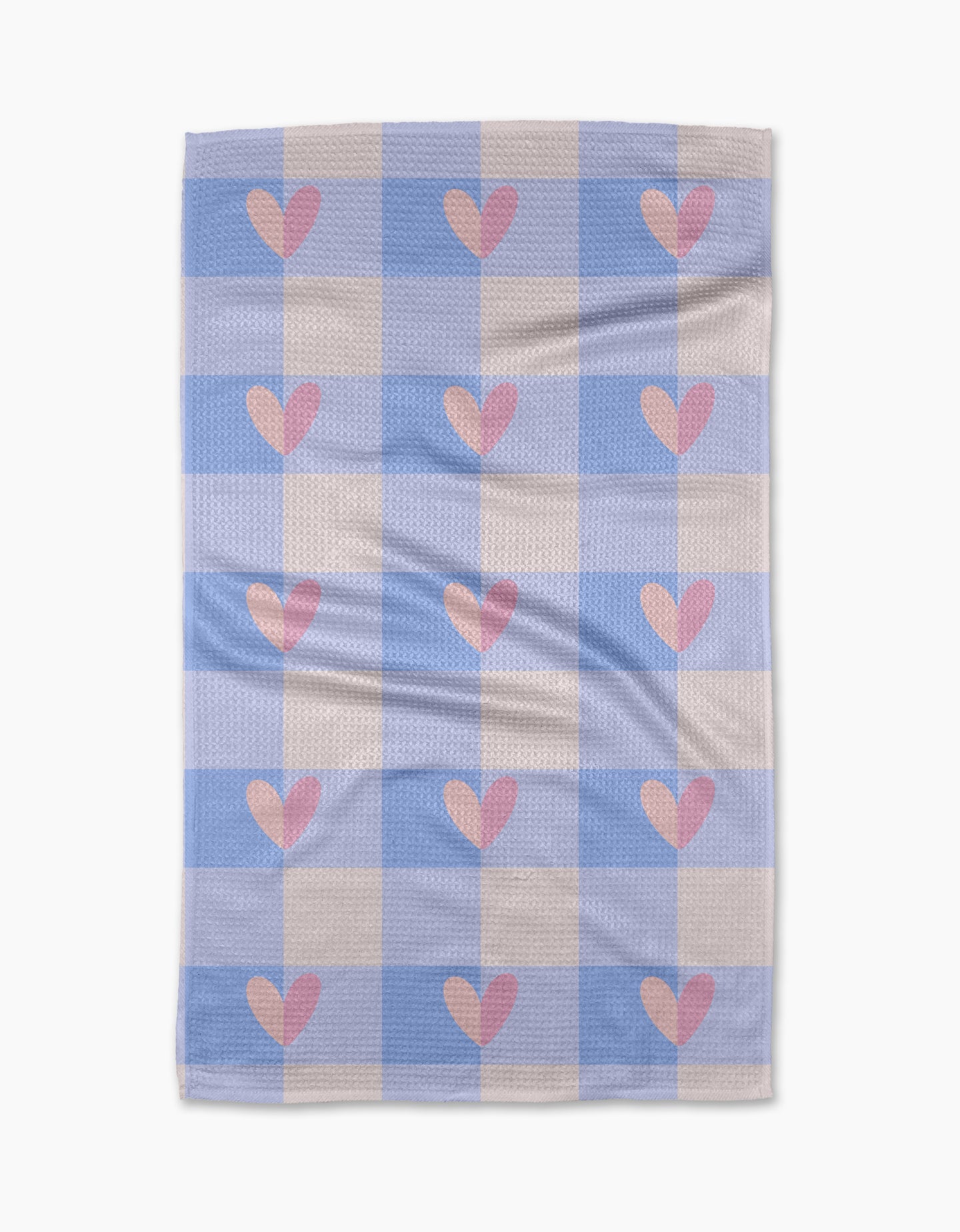 The Pastel Picnic Hearts blanket by Letters By Shells features a blue and cream checkered design with pink hearts in several squares, inspired by a recycled kitchen towel and shown flat against a white background.