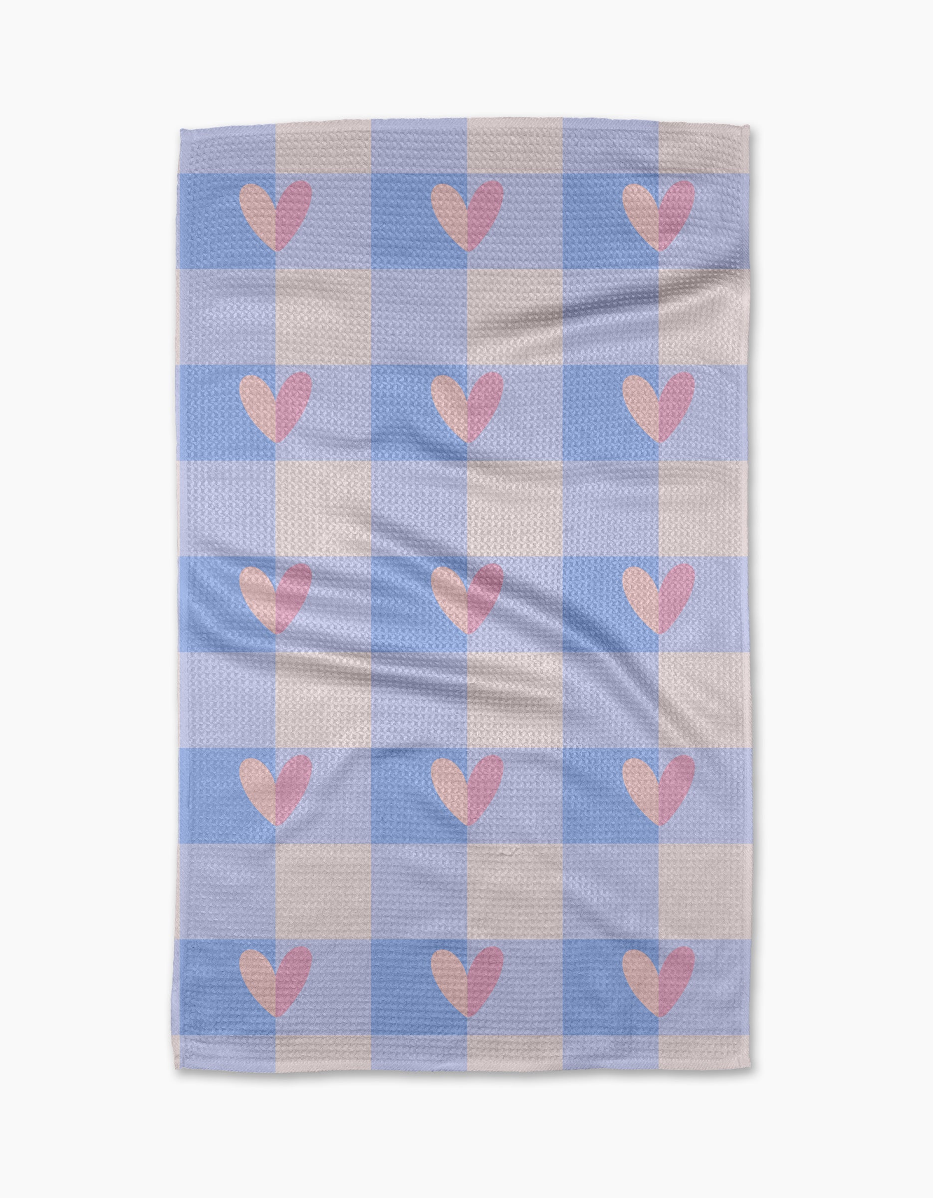 The Pastel Picnic Hearts blanket by Letters By Shells features a blue and cream checkered design with pink hearts in several squares, inspired by a recycled kitchen towel and shown flat against a white background.