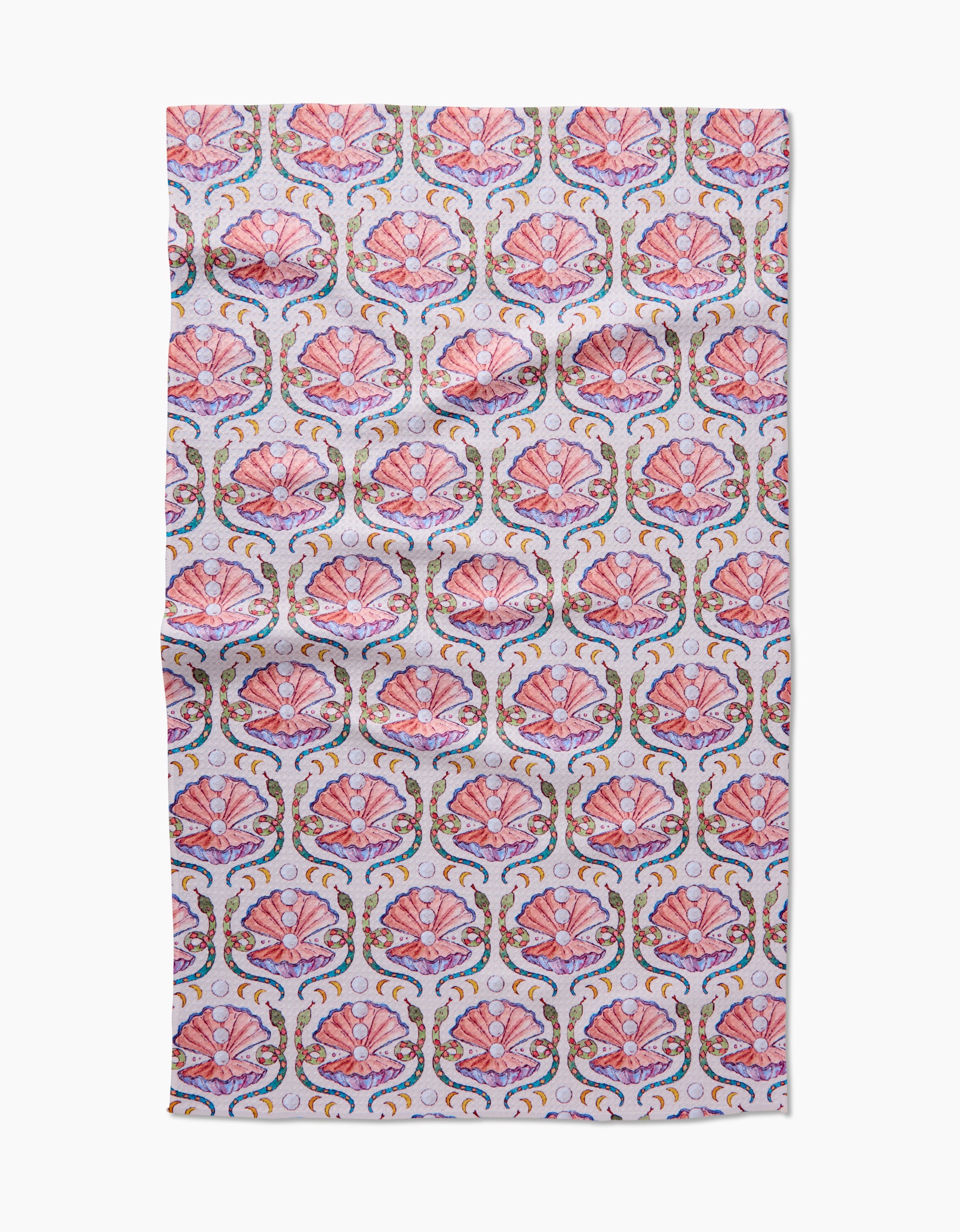 Pearls Of The Moon by Maayan Alper-Swan features a repeating pink seashell pattern with gold and blue accents on white Geoweave fabric. Ultra-absorbent with gentle wrinkles, perfect as a towel or fabric.
