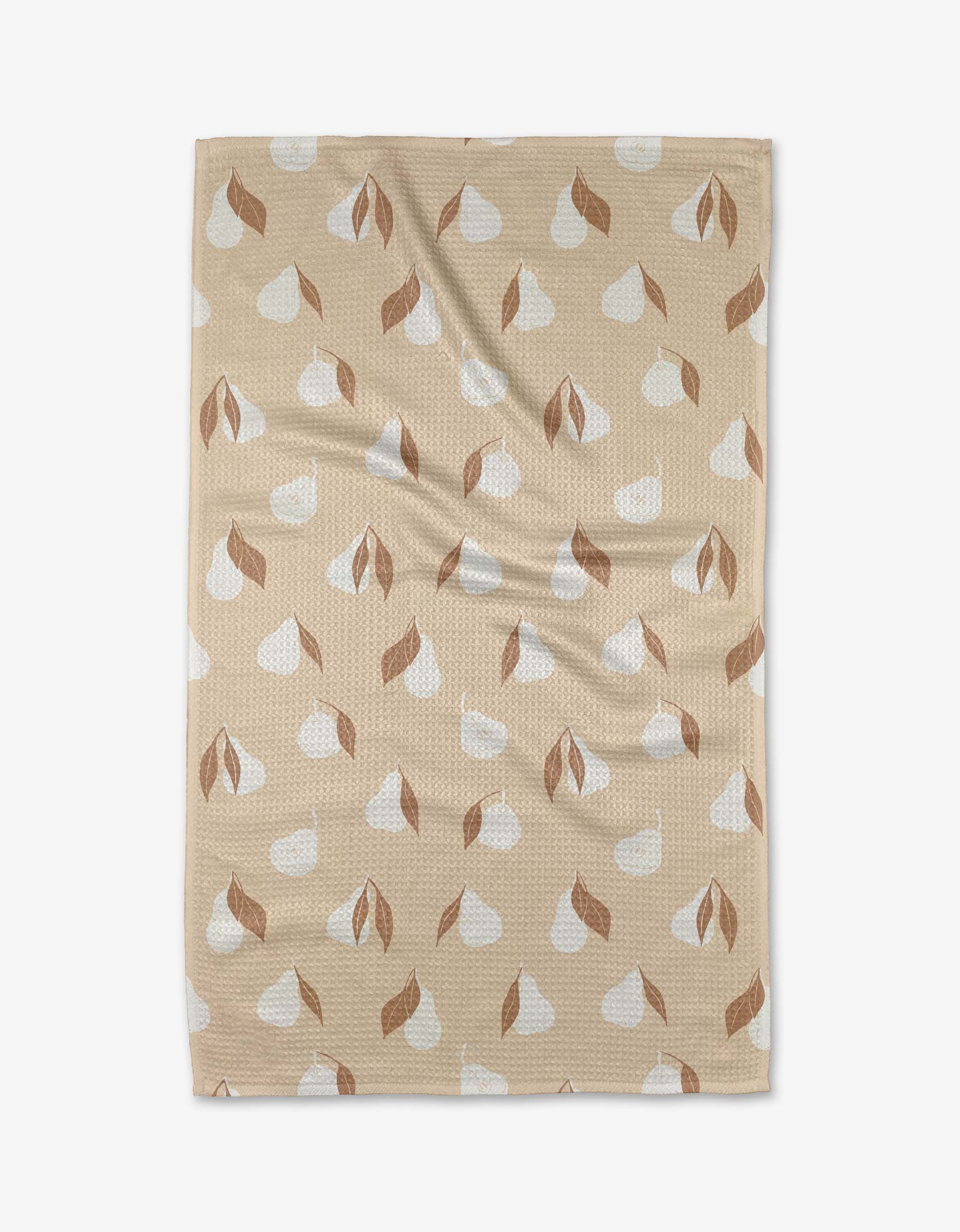 The “Pears” kitchen towel by Hufton Studio features ultra-absorbent beige Geoweave fabric with white pears and brown leaves in the pattern, shown flat on a white background.