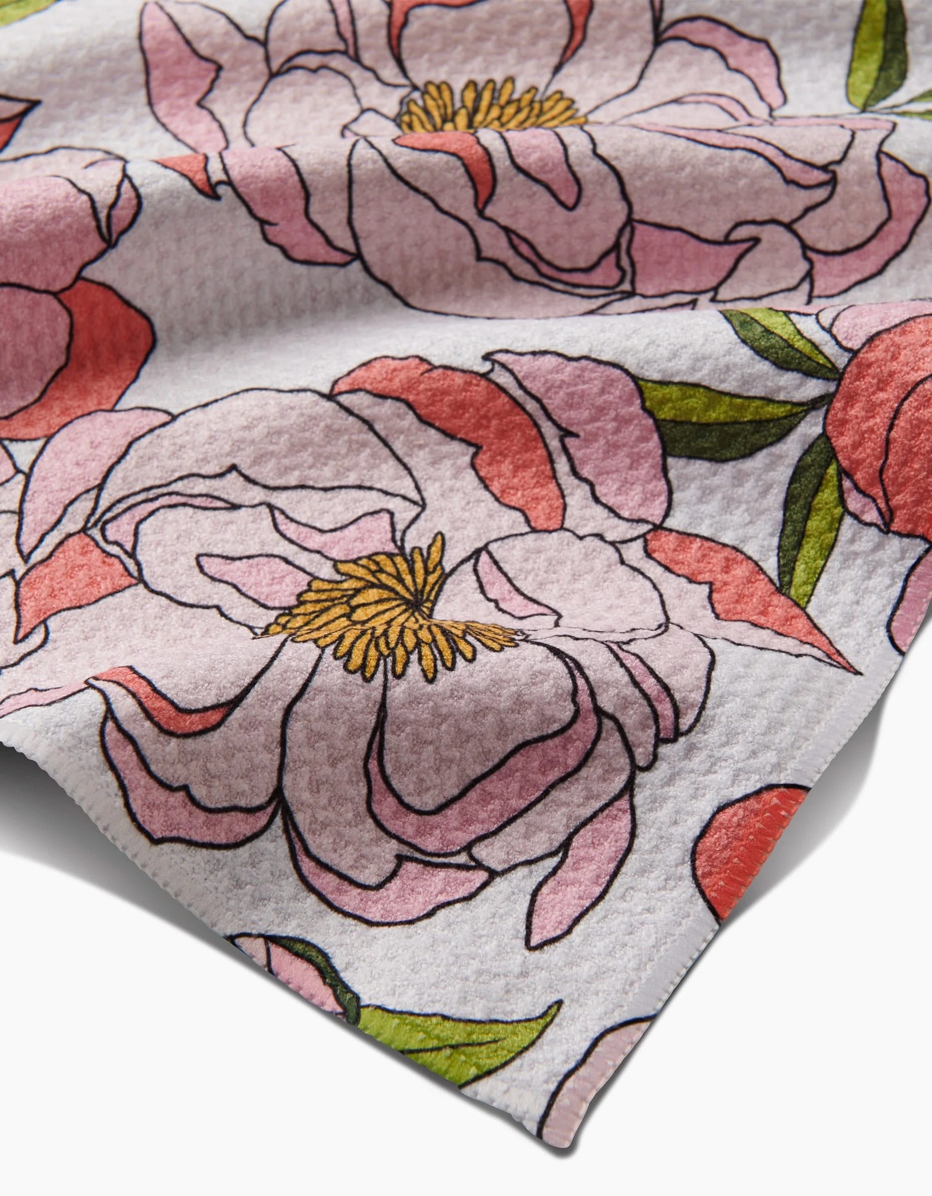 A close-up of Peony Paradise shows Geoweave fabric with large pink and red flowers, yellow centers, and green leaves on a light textured background.