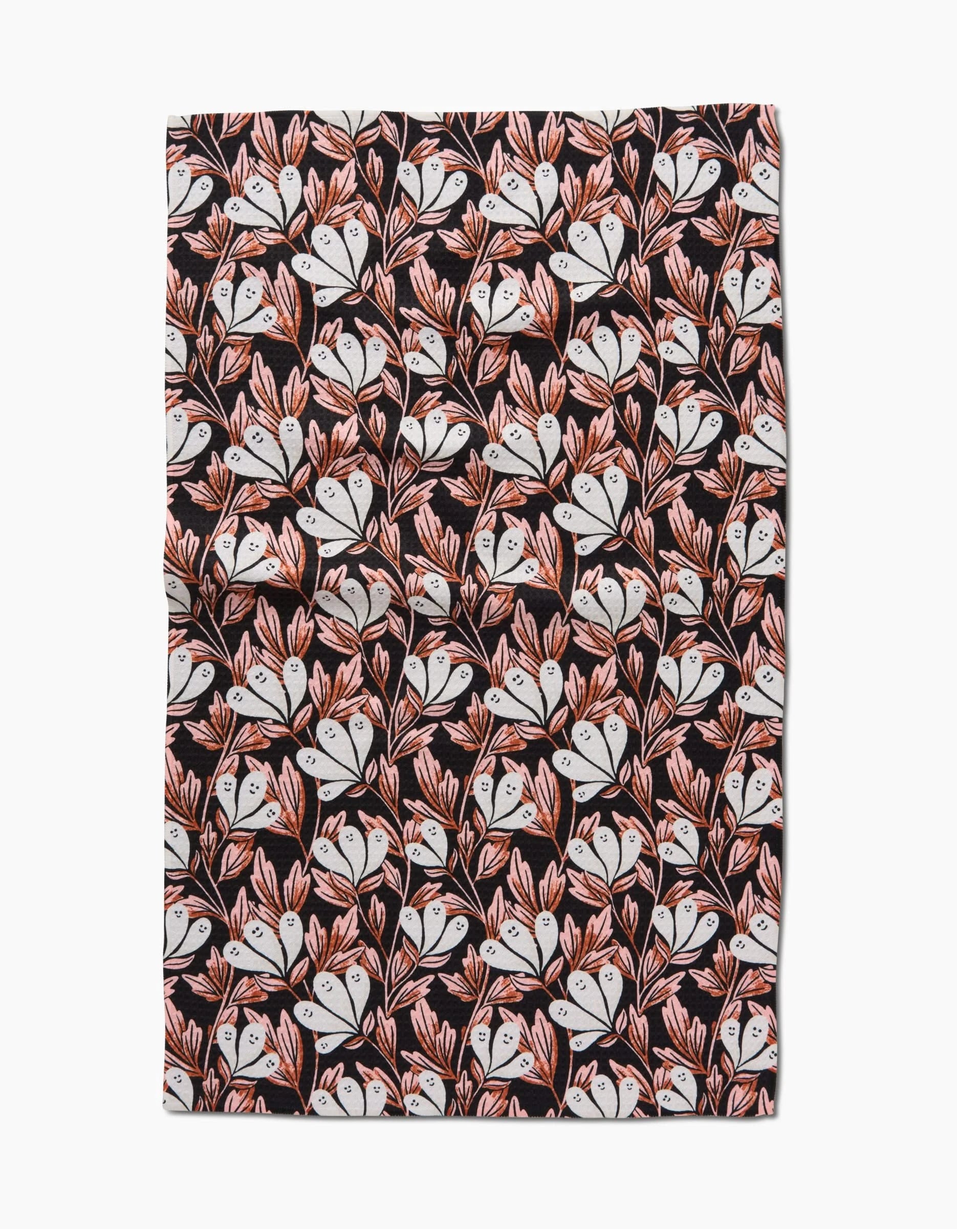 The Phantom Floral by Sarah Daugherty is a rectangular recycled kitchen towel with ultra-absorbent fabric and an all-over dense floral pattern of white flowers and pinkish-orange leaves on a dark background.