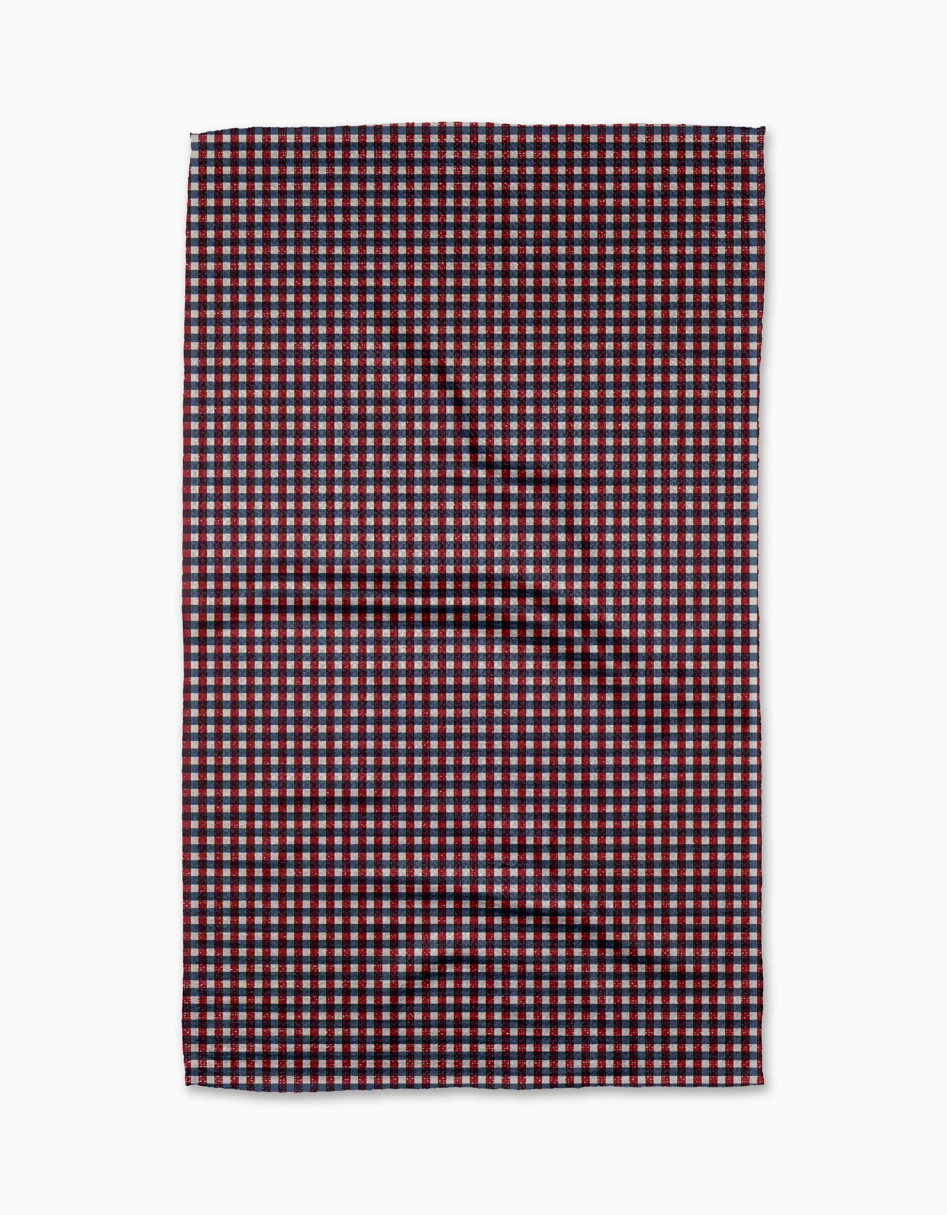 Geometrys Picnic Parade is a rectangular tea towel with a small maroon, white, and blue checkered pattern, crafted from durable Geoweave fabric and shown flat on a white background.
