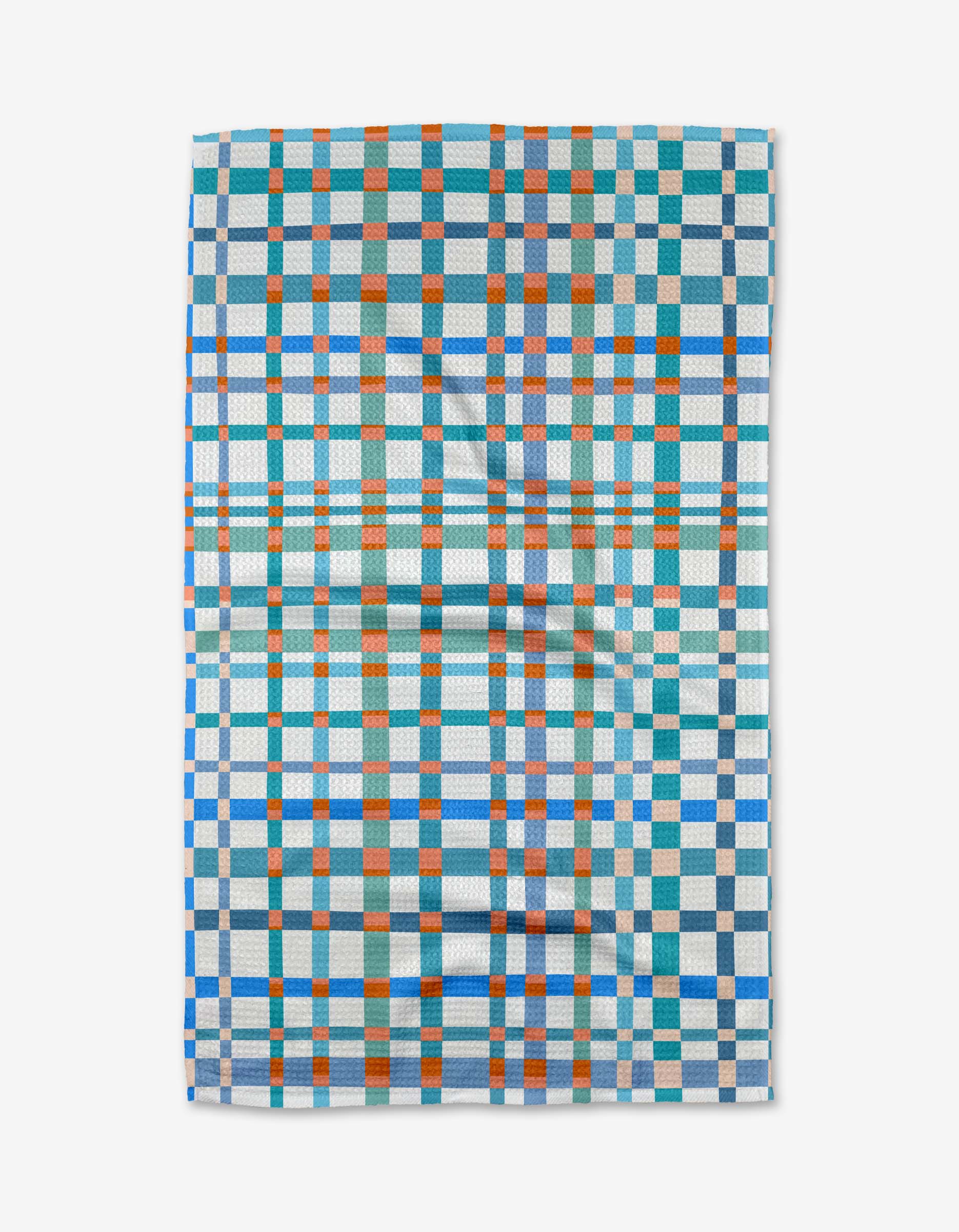 The Picnic Perfect tea towel by Rachel Parker features a grid of blue, teal, orange, and white checks. Made from recycled materials, the slightly wrinkled fabric is shown on a white background.