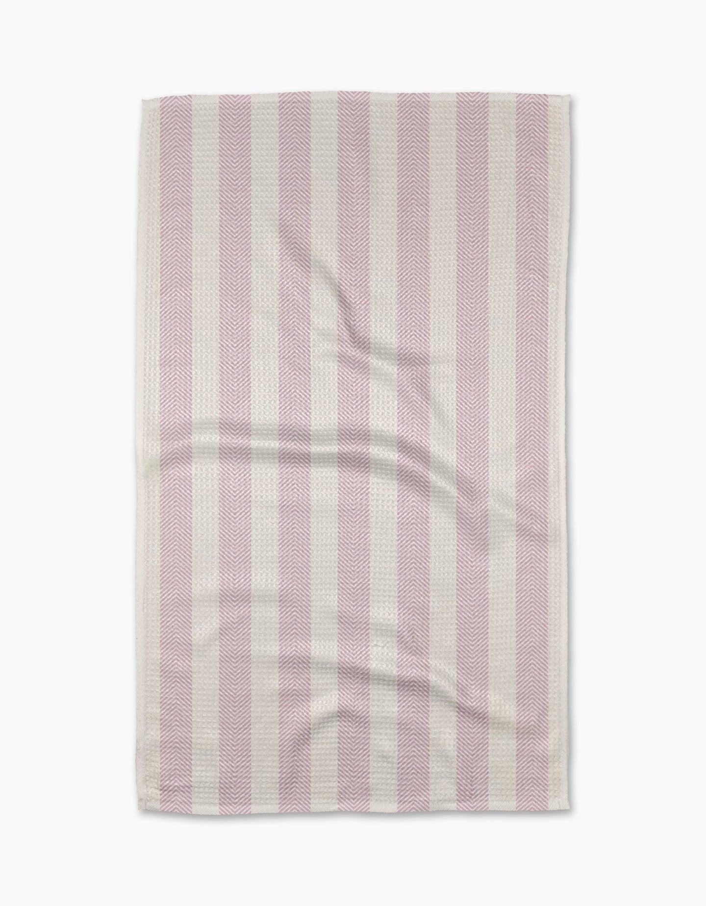 The Teri the Butter Pink Chevron Stripe tea towel features alternating vertical pink and white stripes, a slightly wrinkled texture, and neatly finished edges, displayed against a white background.