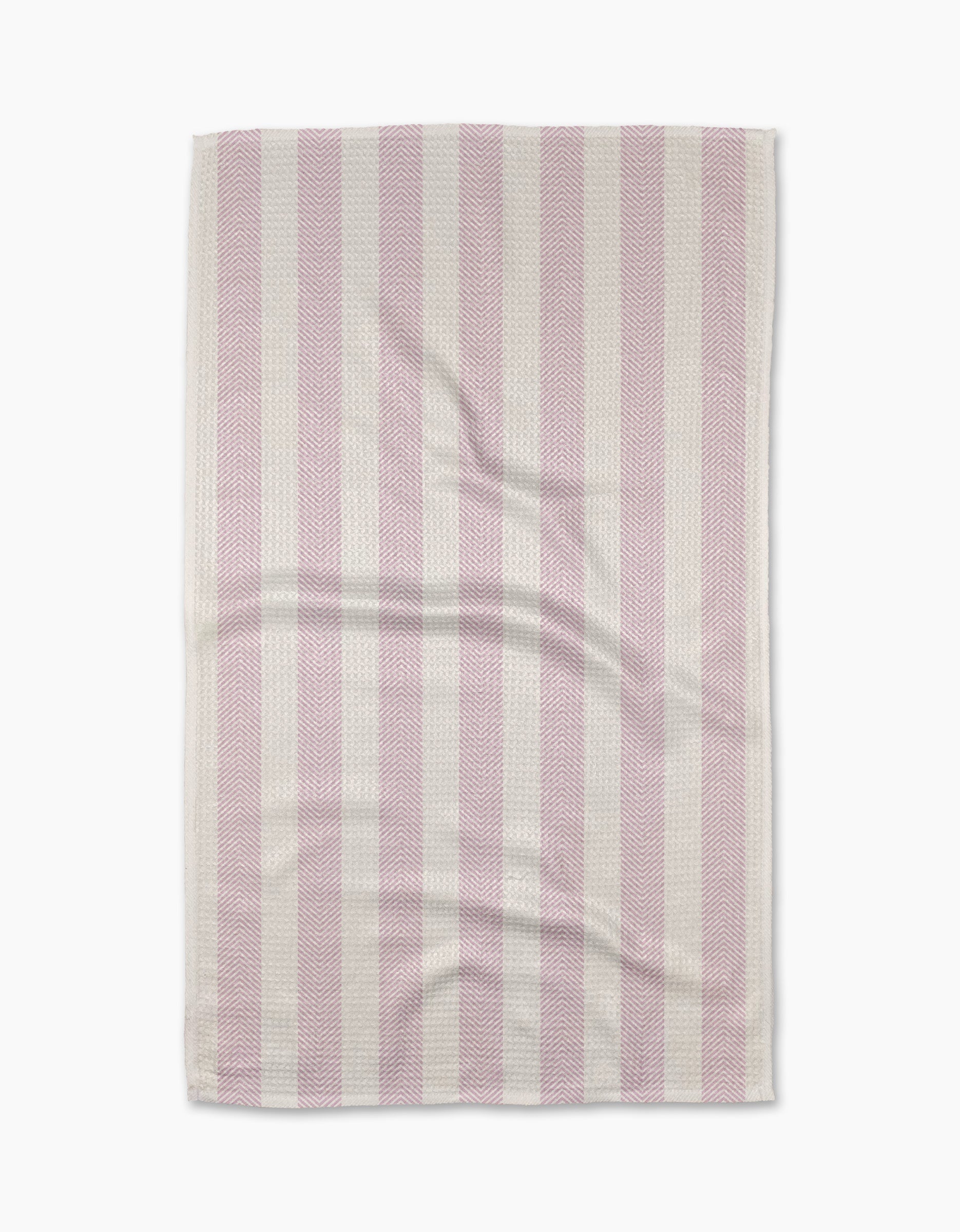 The Teri the Butter Pink Chevron Stripe tea towel features alternating vertical pink and white stripes, a slightly wrinkled texture, and neatly finished edges, displayed against a white background.