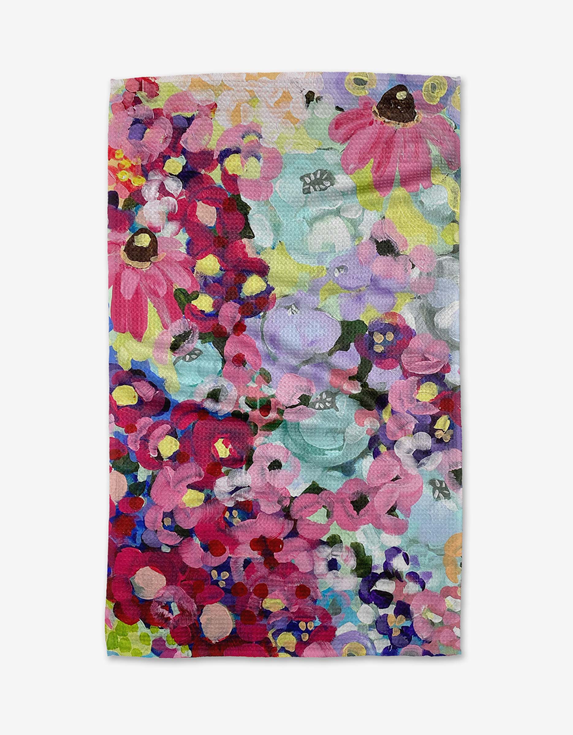 The Pink Fields of Joy Tea Towel by Ania Zwara Art showcases vibrant clusters of pink, purple, red, and yellow flowers with bold brushstrokes on Geoweave™ fabric against a pastel blue-green background.