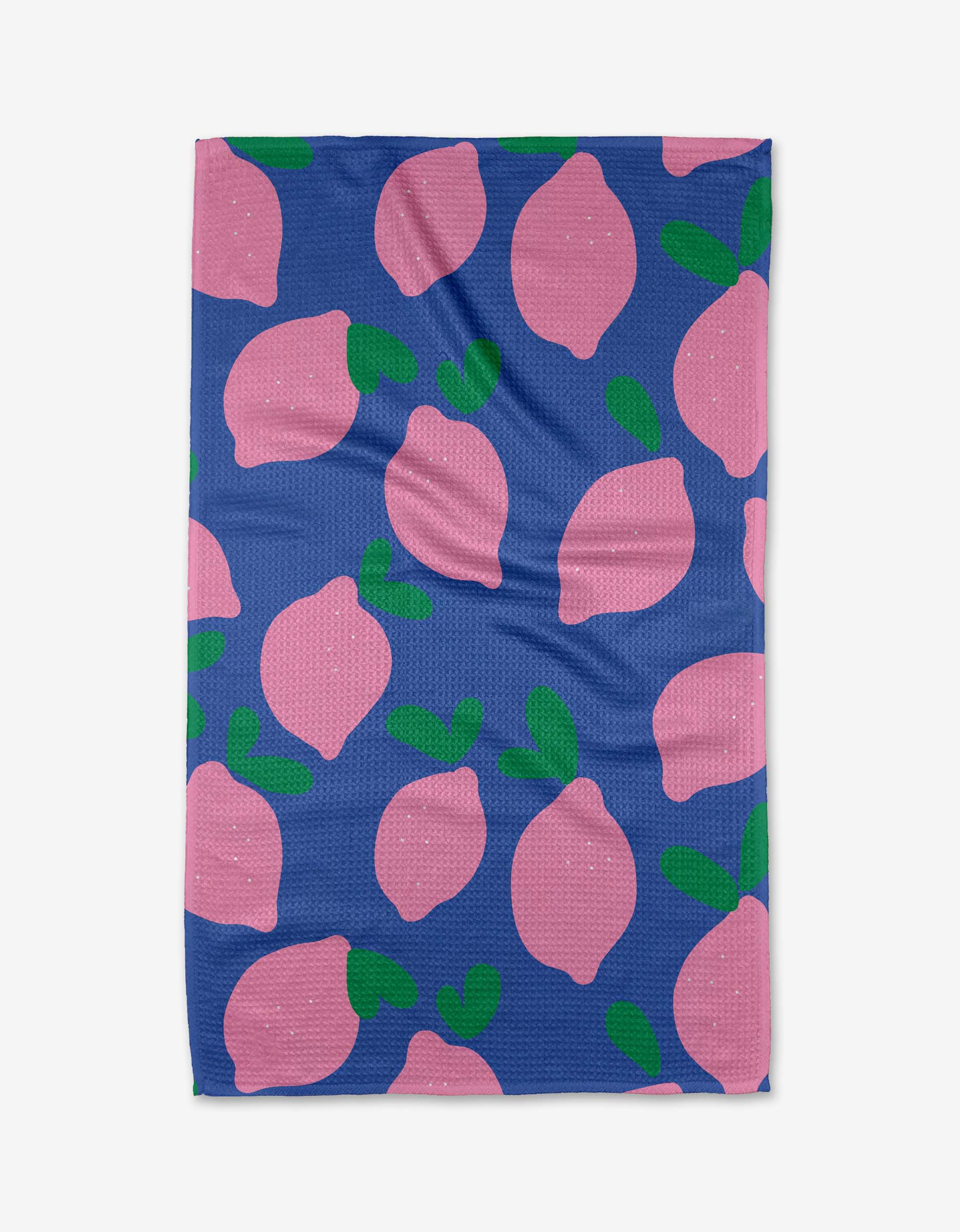 The Pink Lemons blanket by Jennifer Bouron is quick-drying, with a blue background and a scattered pattern of large pink lemons and green leaves.