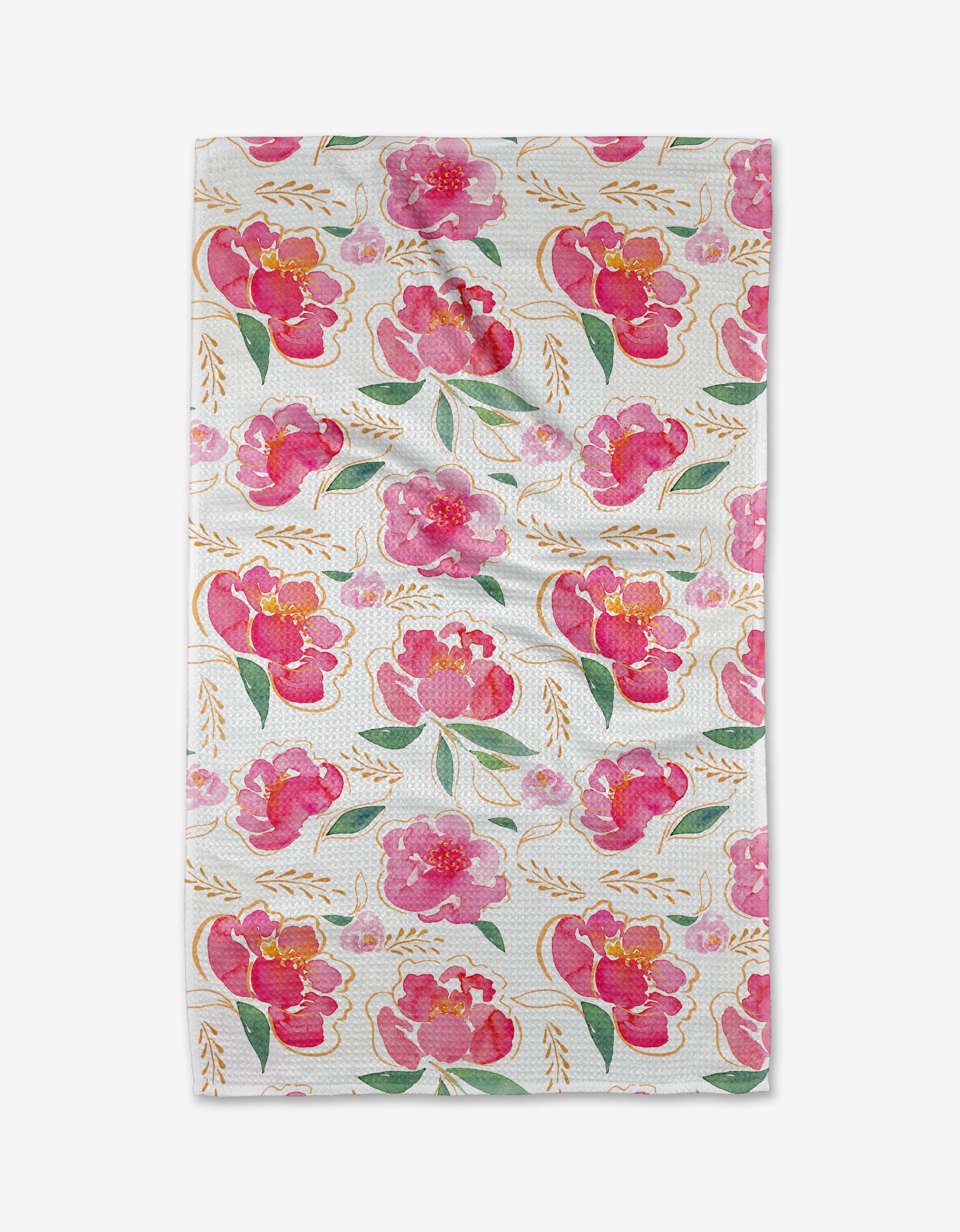 The Pink Peony Tea Towel by Elena Fay features a full-surface pattern of pink and red watercolor flowers, green leaves, and gold branches on white Geoweave fabric for a bright, cheerful look.