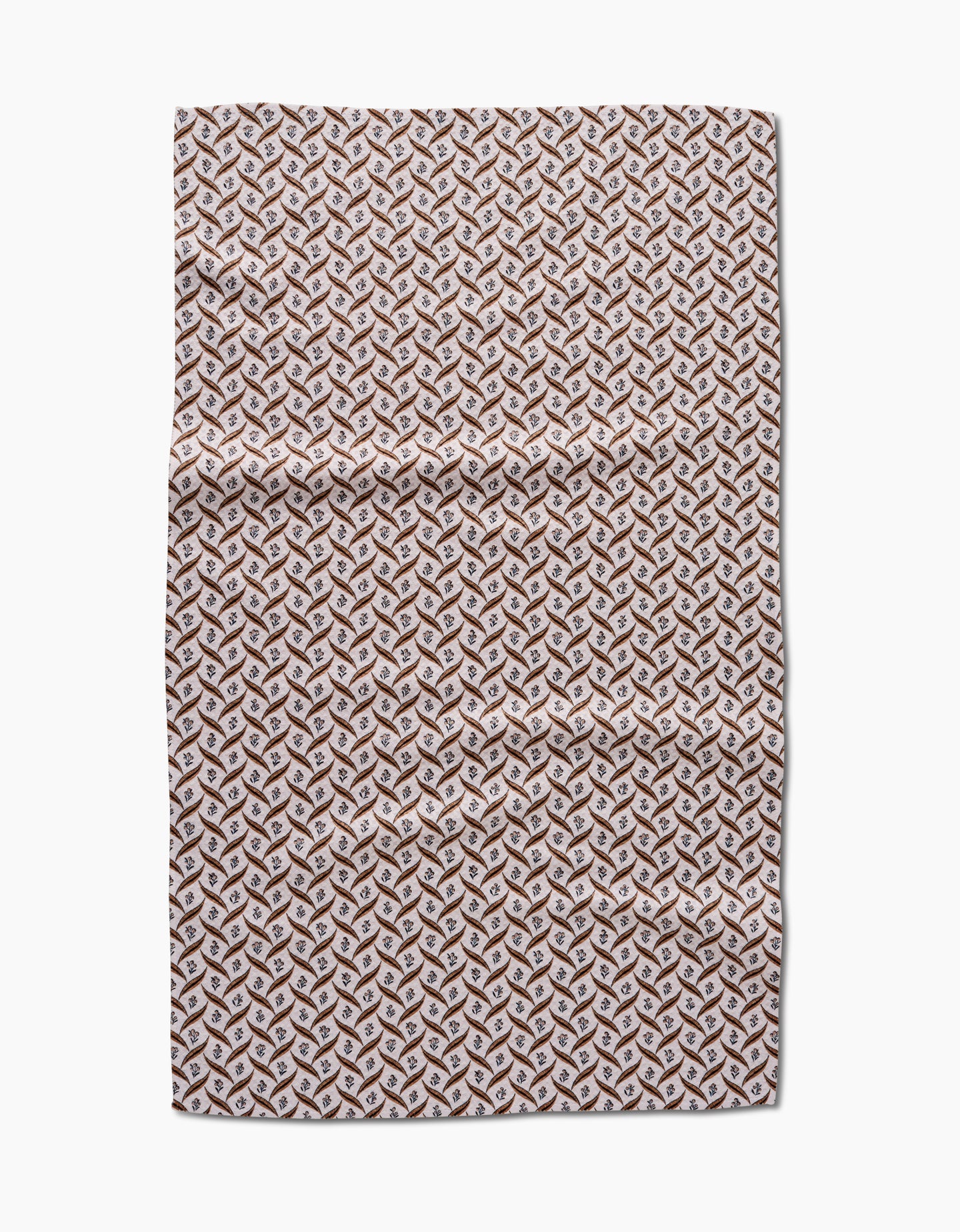 The Hufton Studio Plated Fall Berry Natural tea towel features a repeating geometric pattern in brown, tan, and white that creates a 3D cube effect. Made from Geoweave fabric, the towel is shown flat on a white background with visible creases.