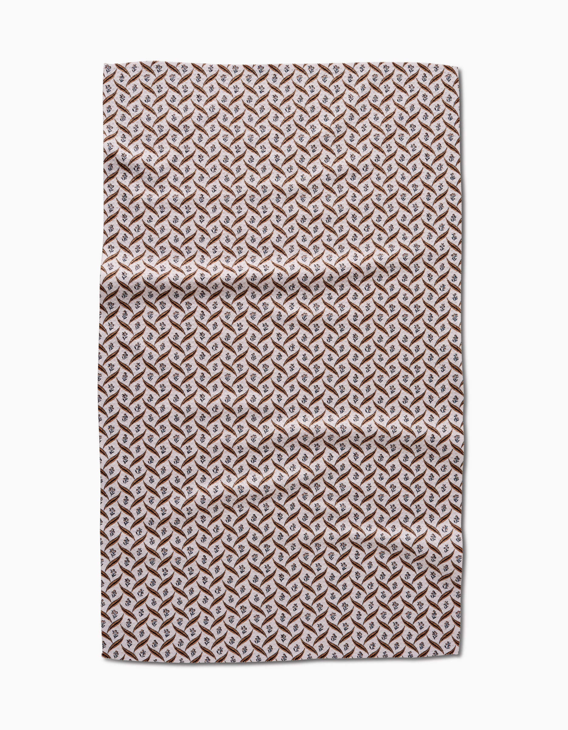 The Hufton Studio Plated Fall Berry Natural tea towel features a repeating geometric pattern in brown, tan, and white that creates a 3D cube effect. Made from Geoweave fabric, the towel is shown flat on a white background with visible creases.