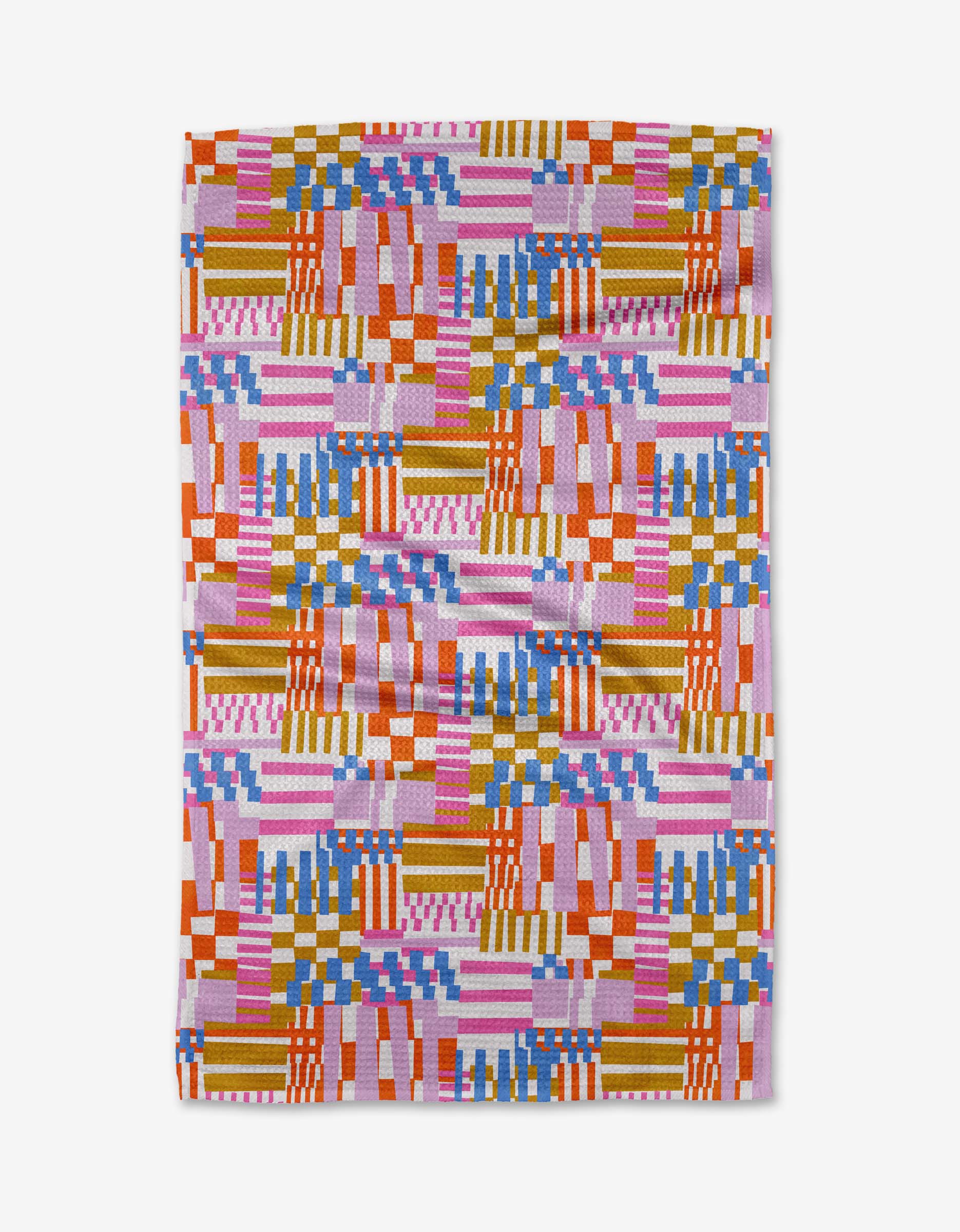 Playful Stripes by Claire Iglesias is a vibrant tea towel with interlocking rectangles and squares in red, blue, yellow, pink, and white on white. The textured geometric design is crafted from recycled materials.