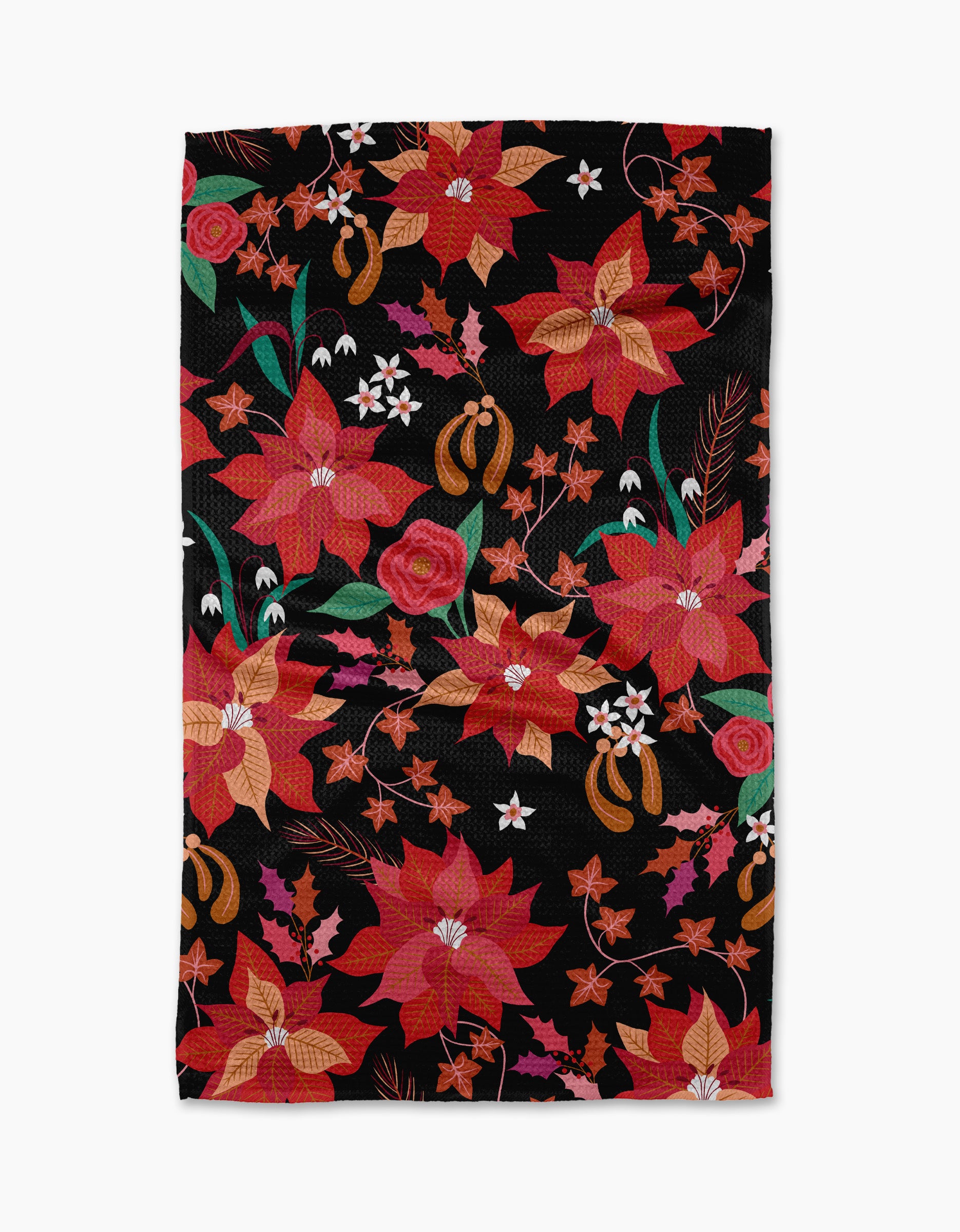 The "Poinsettia" tea towel by Rachel Parker features a vibrant floral pattern on a black background and is crafted from ultra-absorbent recycled materials.