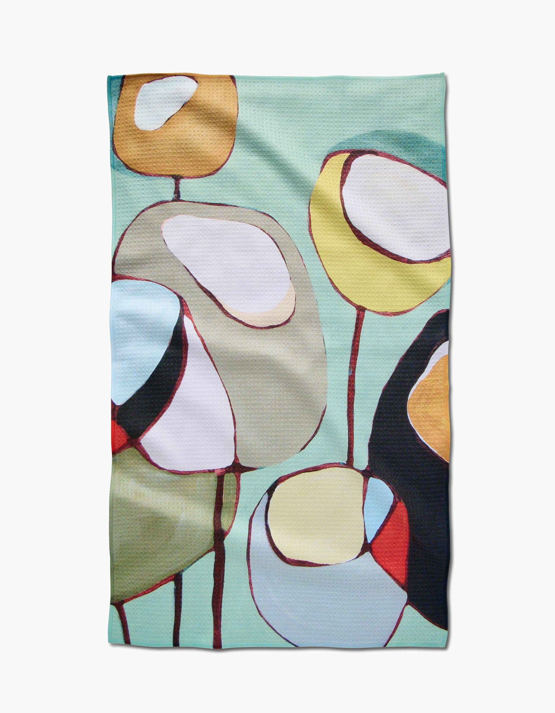 Poppies on Mint by Rachel Austin features abstract, rounded shapes in beige, yellow, white, red, and blue with dark outlines on a light green Geoweave fabric background, evoking stylized flowers or plants.