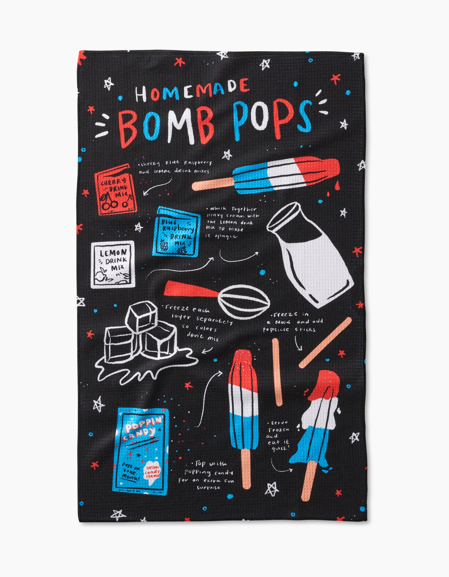 The Popsicles Tea Towel by Janna Sue Design features a colorful recipe with popsicles, milk, and ice cubes on a black background with red, white, and blue accents. Made of durable Geoweave fabric for lasting use.