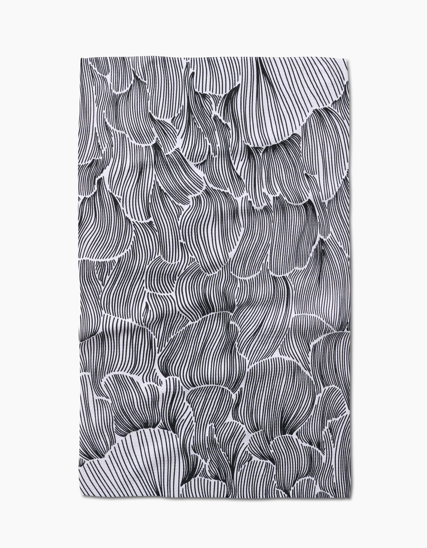 The Geometry Posh Petals Fresh Linen towel features a black-and-white abstract petal design with overlapping wavy shapes and intricate lines on a crisp white background, all crafted from quick-drying material.