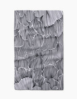 The Geometry Posh Petals Fresh Linen towel features a black-and-white abstract petal design with overlapping wavy shapes and intricate lines on a crisp white background, all crafted from quick-drying material.
