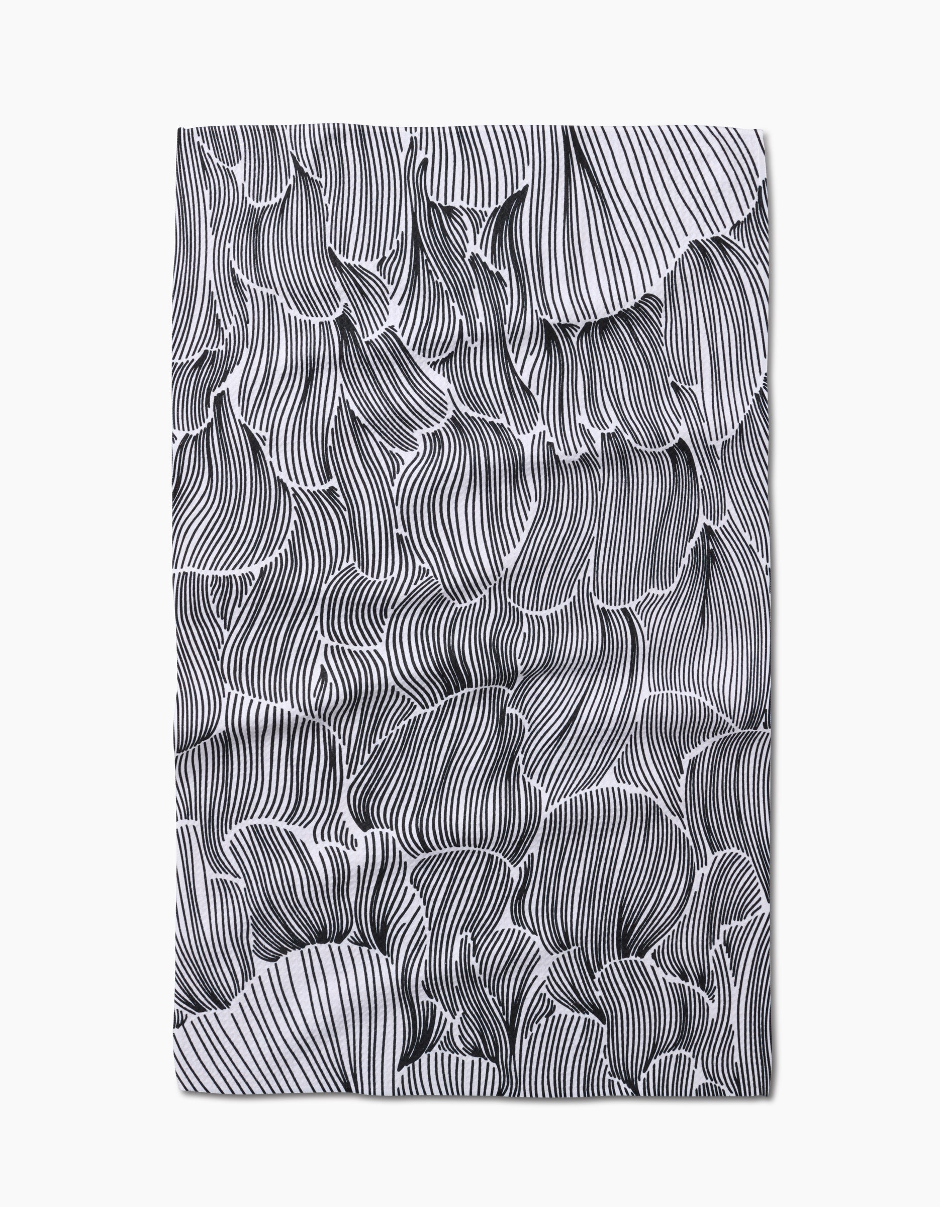 The Geometry Posh Petals Fresh Linen towel features a black-and-white abstract petal design with overlapping wavy shapes and intricate lines on a crisp white background, all crafted from quick-drying material.