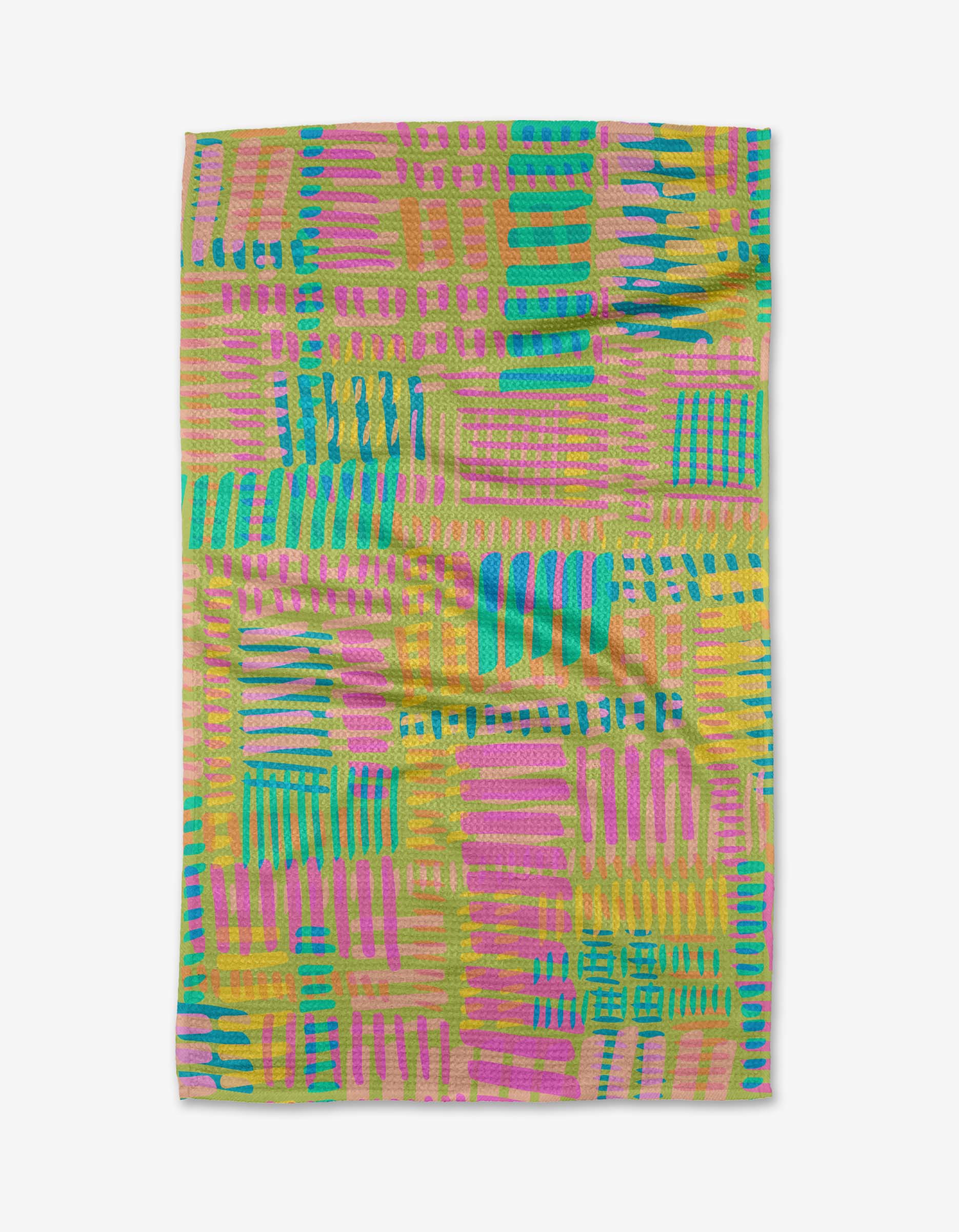 The Positive Vibes towel by Sareka Unique features a vibrant, abstract geometric pattern with pink, teal, yellow, and green rectangles and stripes on white Geoweave fabric—crafted from ultra-absorbent recycled materials.
