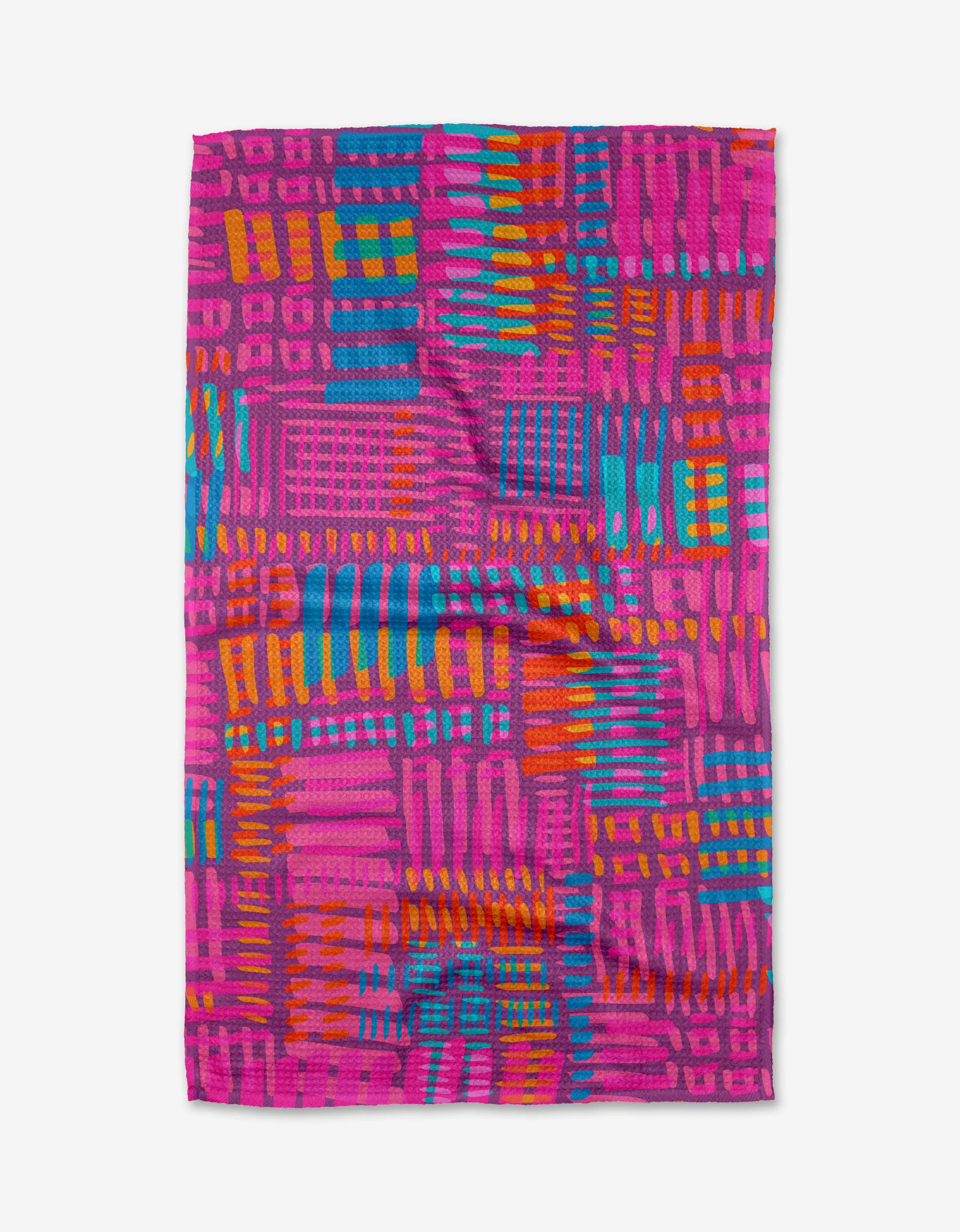 The Positive Vibration tea towel by Sareka Unique features a colorful geometric pattern of pink, orange, blue, and red rectangles and lines on white, made from sustainable Geoweave fabric with post-consumer recycled materials.
