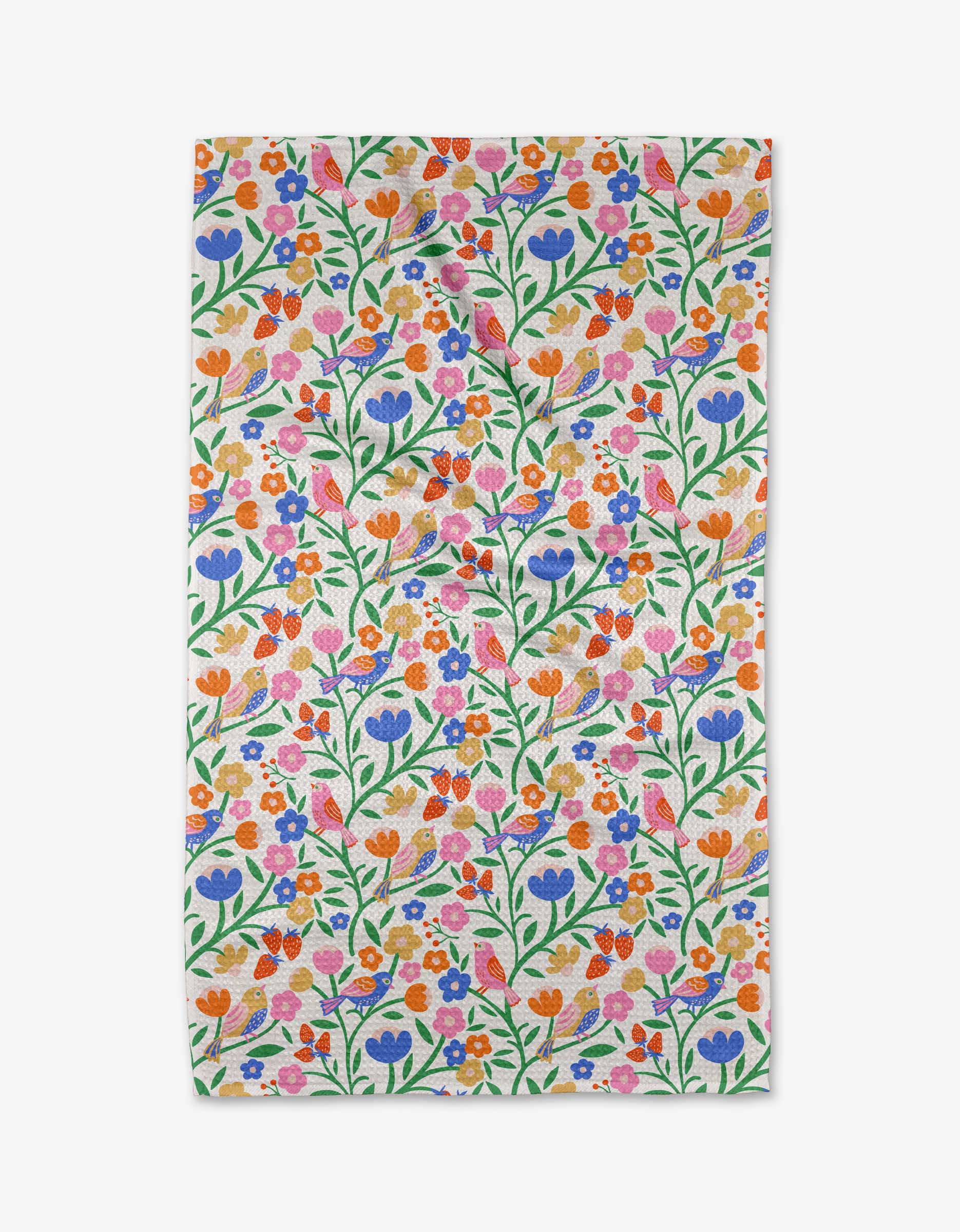 The Primrose Path tea towel by Charlie Rowan Designs features a colorful floral pattern—purple, orange, red, and pink flowers with green stems—on white Geoweave fabric for great absorbency and durability.