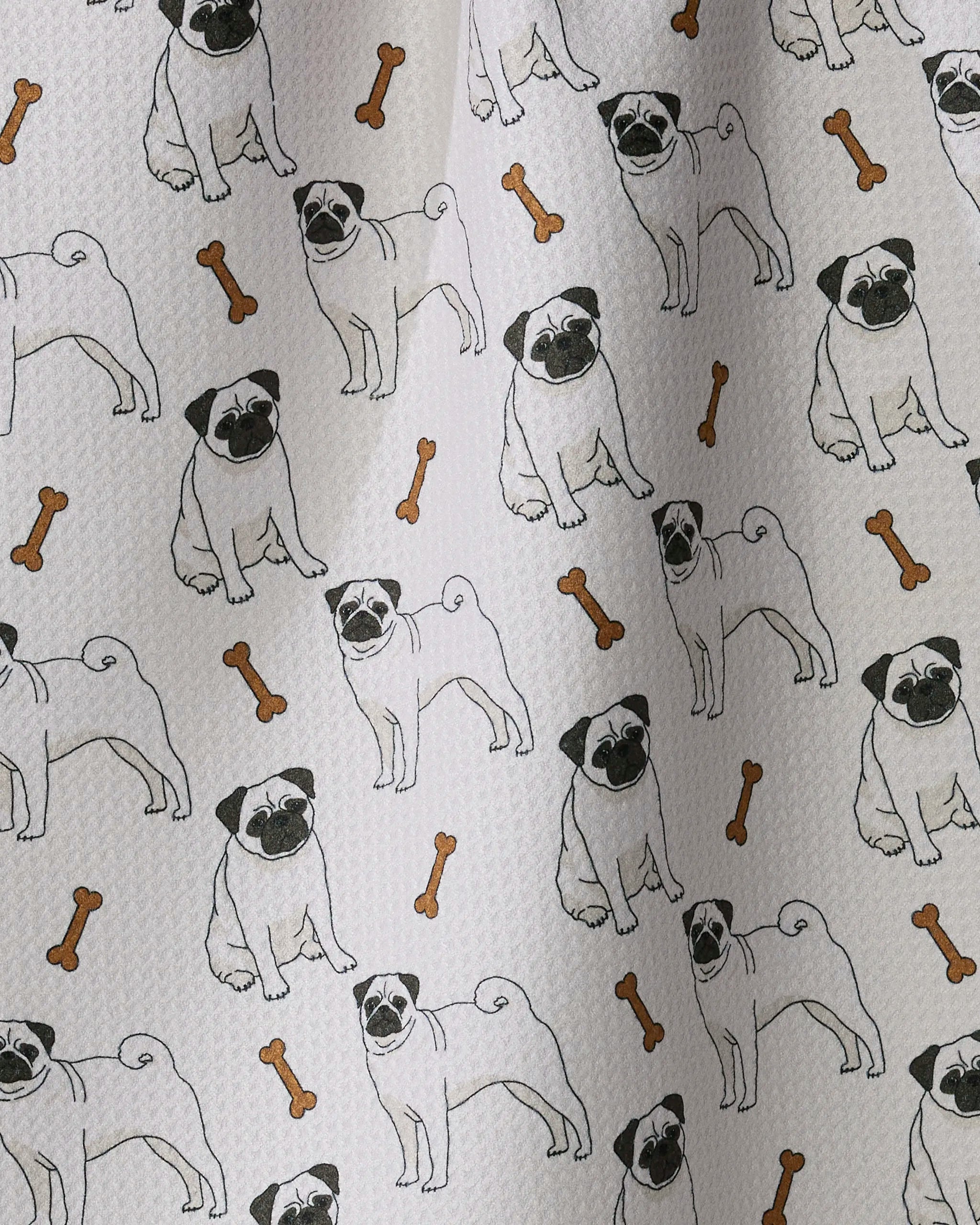 Pug Club by Geometry features a playful pattern of standing pugs and cartoon dog bones on a white textured background, making it the perfect eco-friendly tea towel crafted from recycled materials.