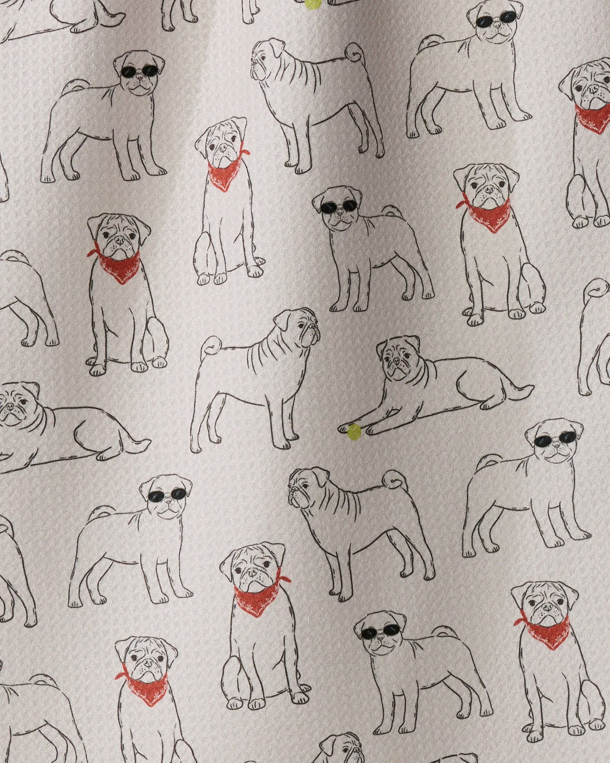 Introducing “Pug Pals” by Geometry—a charming tea towel featuring a pattern of hand-drawn pugs in playful poses. Some pugs sport red bandanas or sunglasses, while one plays with a green ball, all set against a light background with a subtle textured look. Crafted from ultra-absorbent fabric, this practical and adorable tea towel is perfect for brightening up any kitchen.