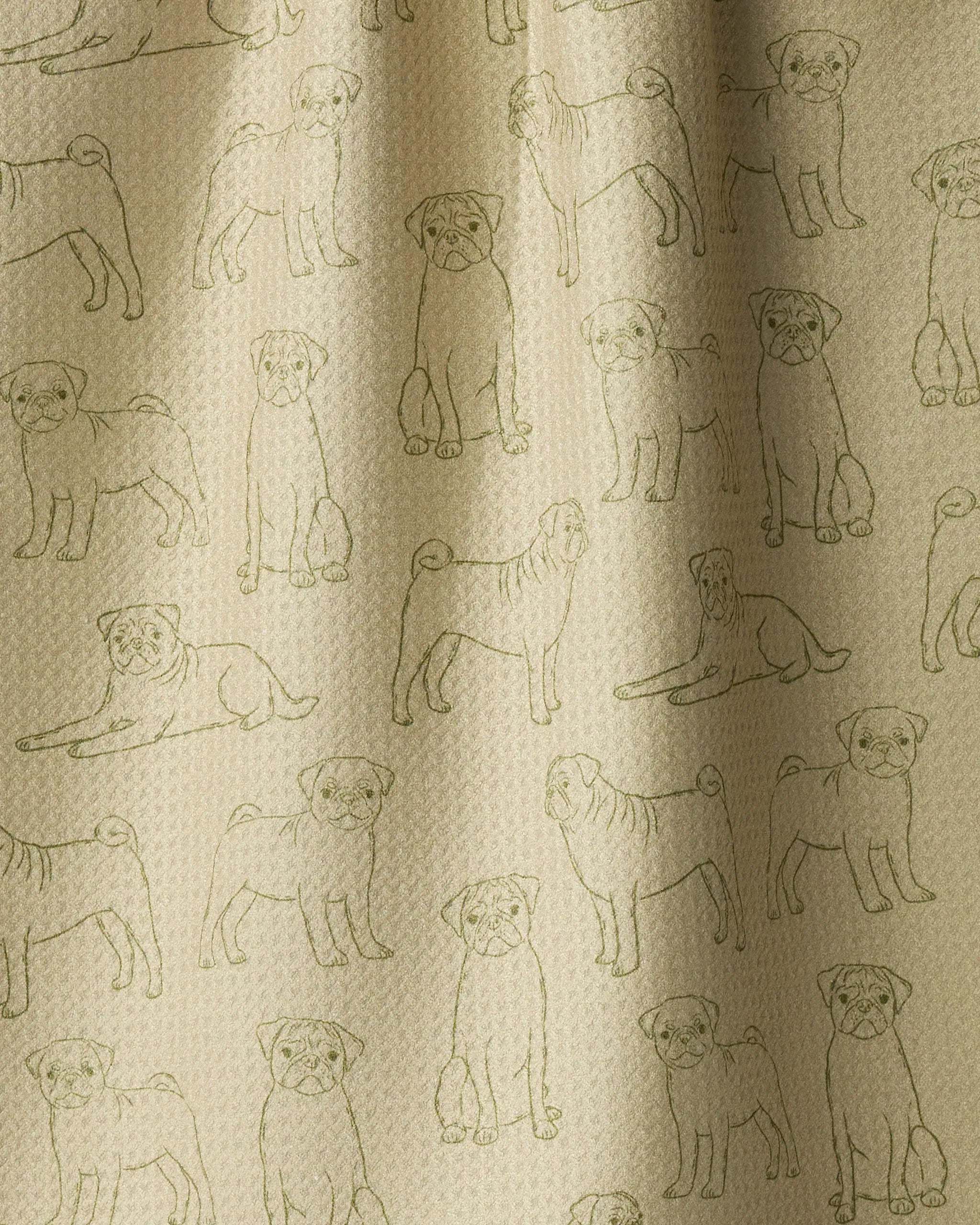 The Pug Pups tea towel by Geometry features ultra-absorbent beige fabric with a textured surface, adorned with a charming repeated pattern of simple line drawings of pug dogs in various poses—making it a practical and delightful addition to your kitchen.