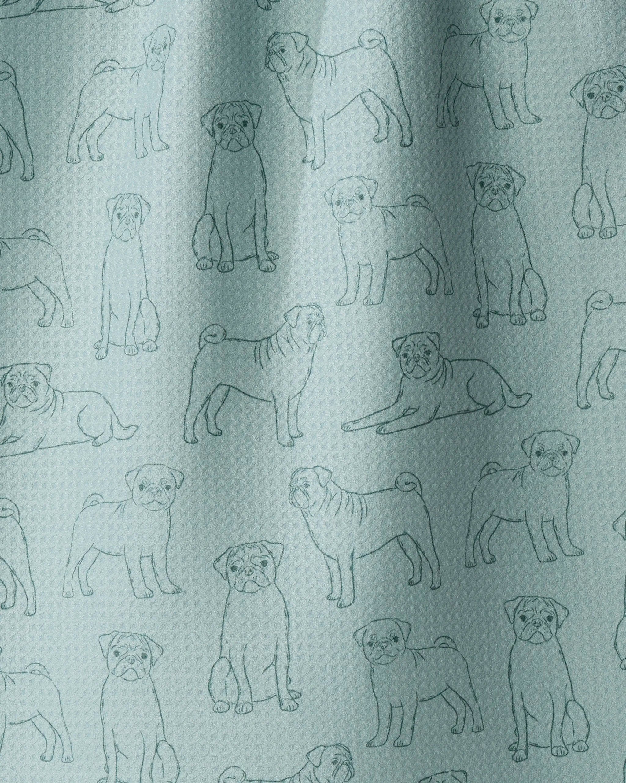 Introducing the “Pug Pups” tea towel by Geometry: This ultra-absorbent and eco-friendly kitchen essential is crafted from recycled materials and features a light blue background adorned with a repeating pattern of outlined pug dogs in various poses—standing, sitting, and lying down. Its subtle textured surface adds charm while making it both practical and stylish for your kitchen.