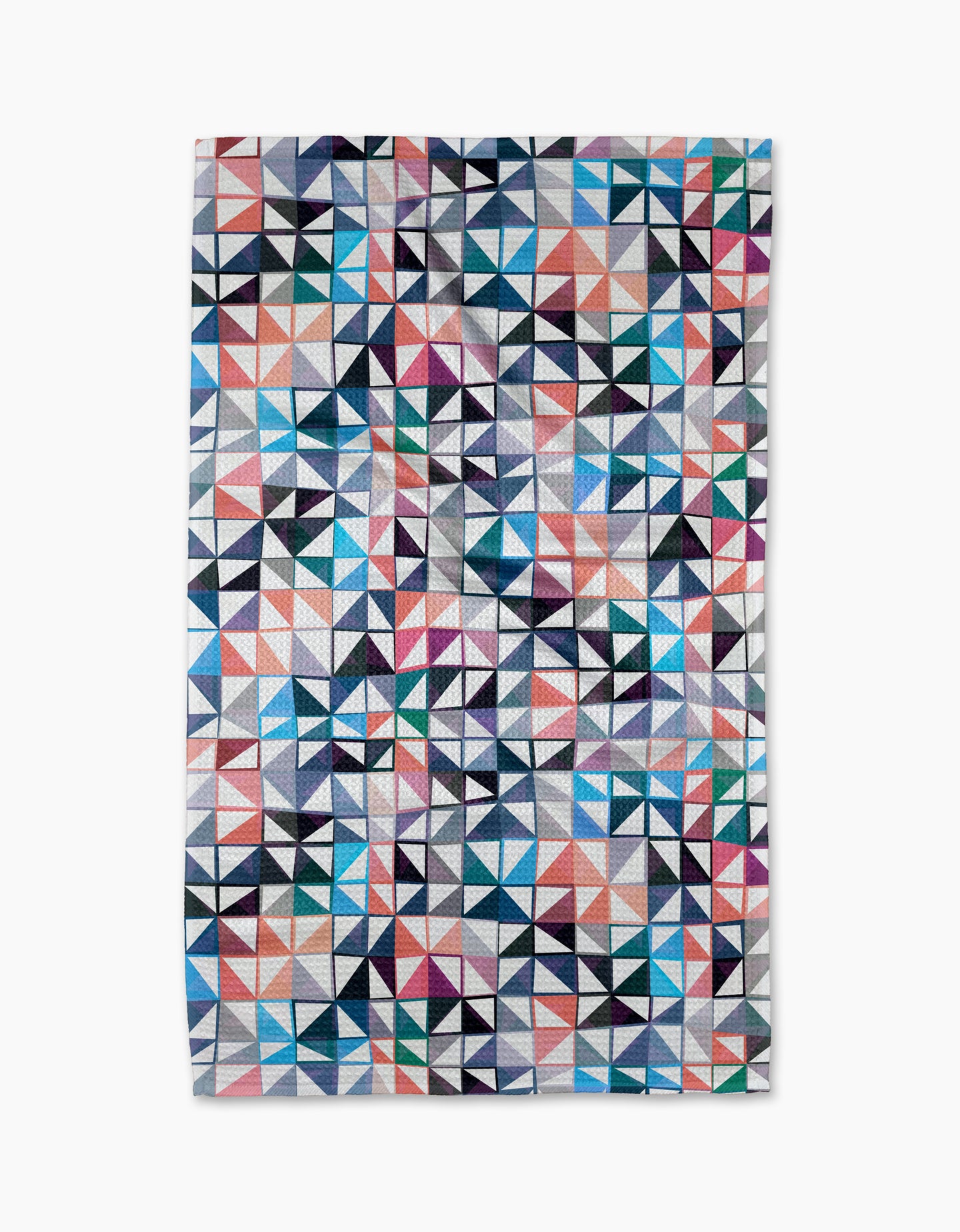 The Purl tea towel by Rachel Parker showcases a geometric mosaic of small, multicolored triangles and is made from ultra-absorbent recycled materials.