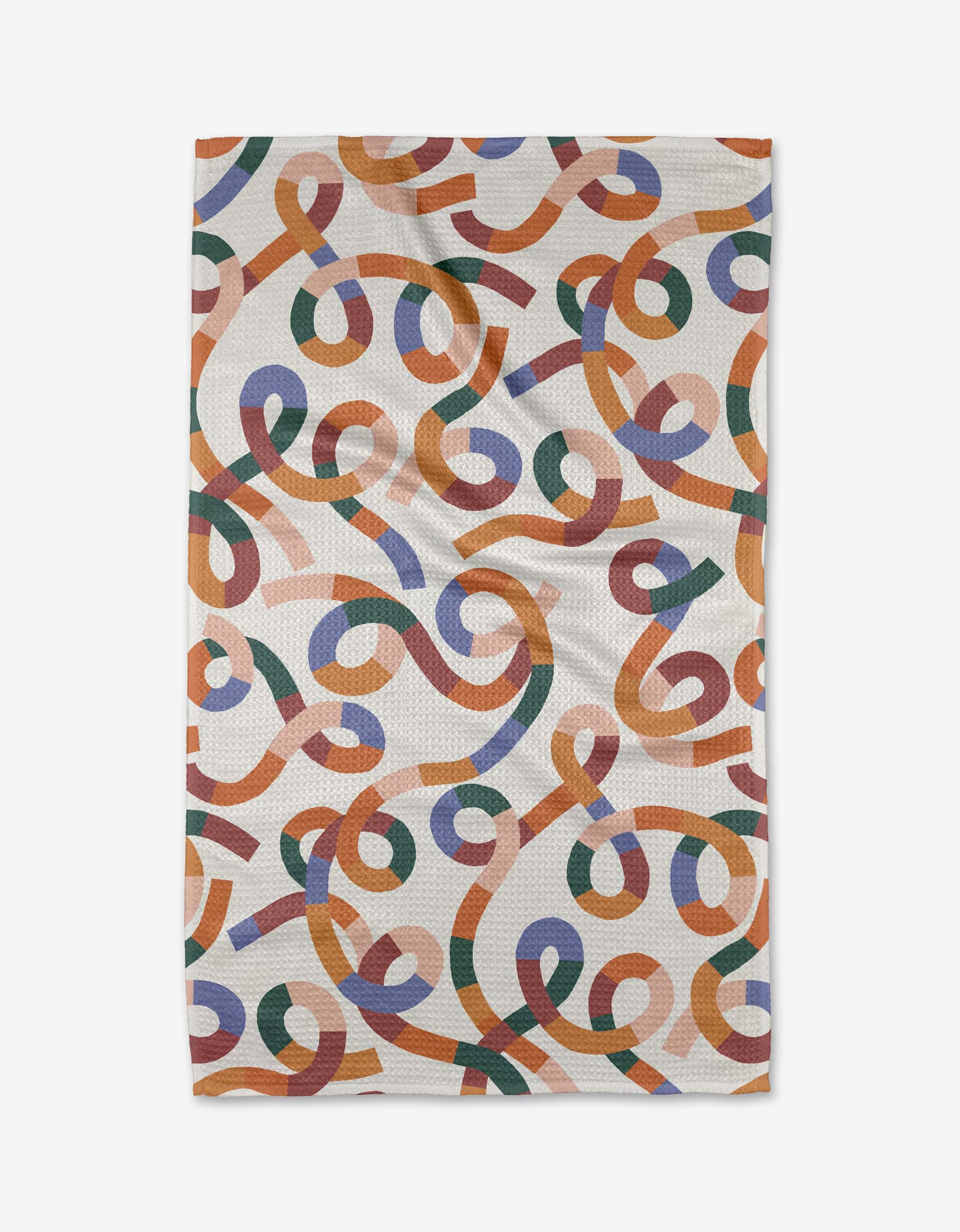 The Claire Iglesias Rainbow Squiggles tea towel features a vibrant abstract ribbon design in orange, green, purple, and red on white, made from Geoweave™ fabric for superior absorbency and durability.