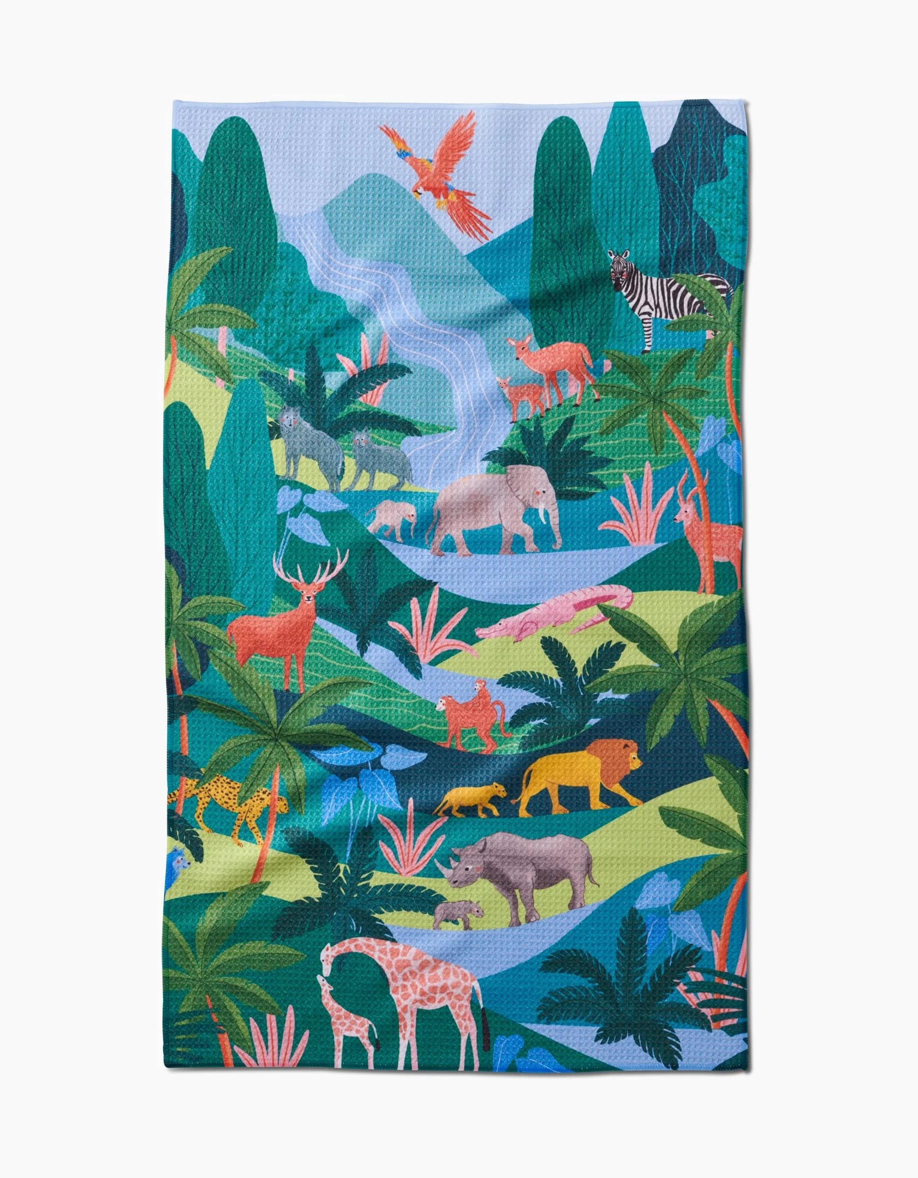 Rain Forest by Ceyda Alasar: a tea towel featuring a vibrant jungle scene with animals, printed on eco-friendly Geoweave™ fabric made from post-consumer recycled materials—adding wildlife charm and sustainability to your kitchen.