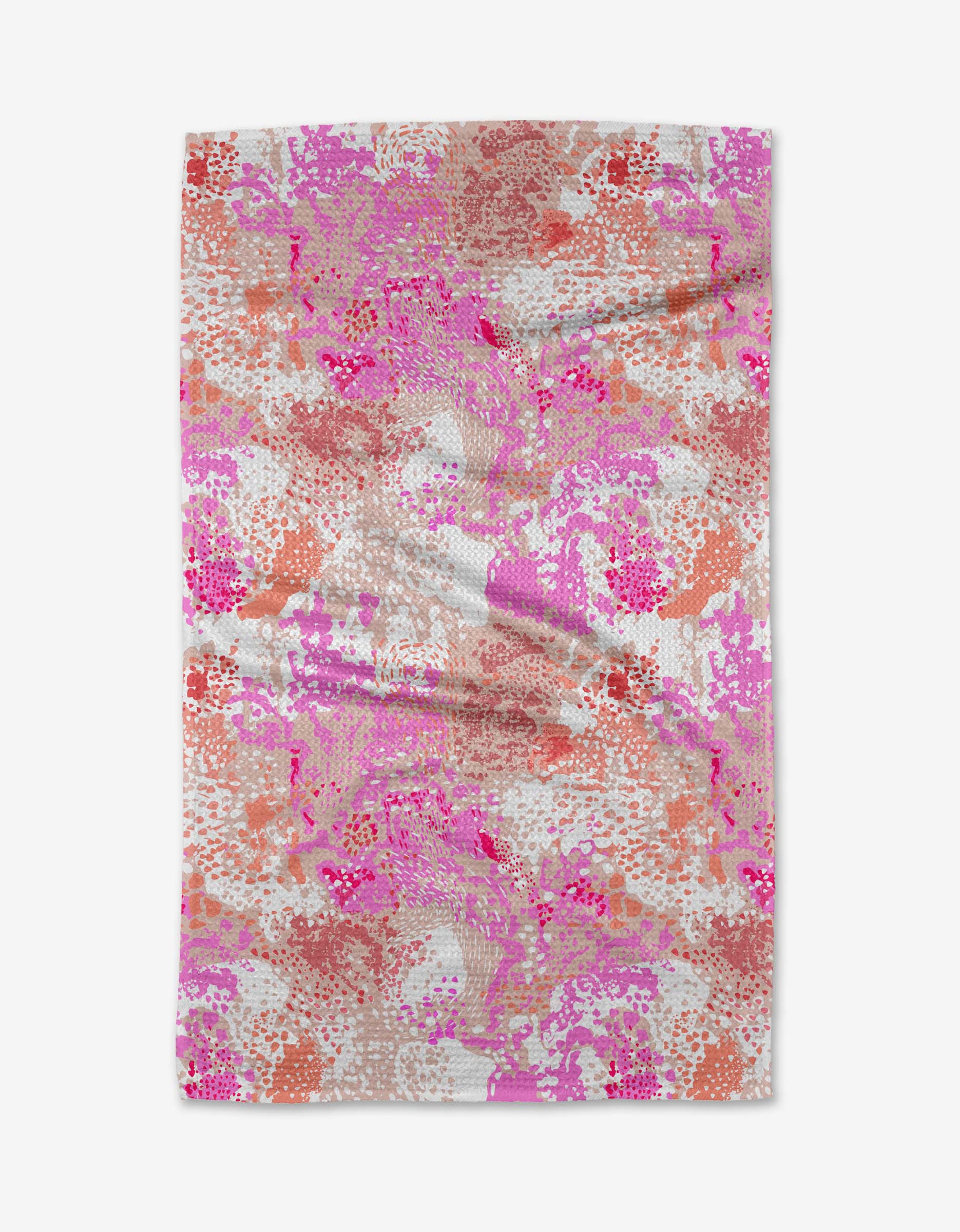 Rawhide by Elisabeth Wing is a rectangular fabric in pink, red, orange, and white abstract camouflage with dotted textures on a flat, slightly wrinkled ultra-absorbent Geoweave surface.