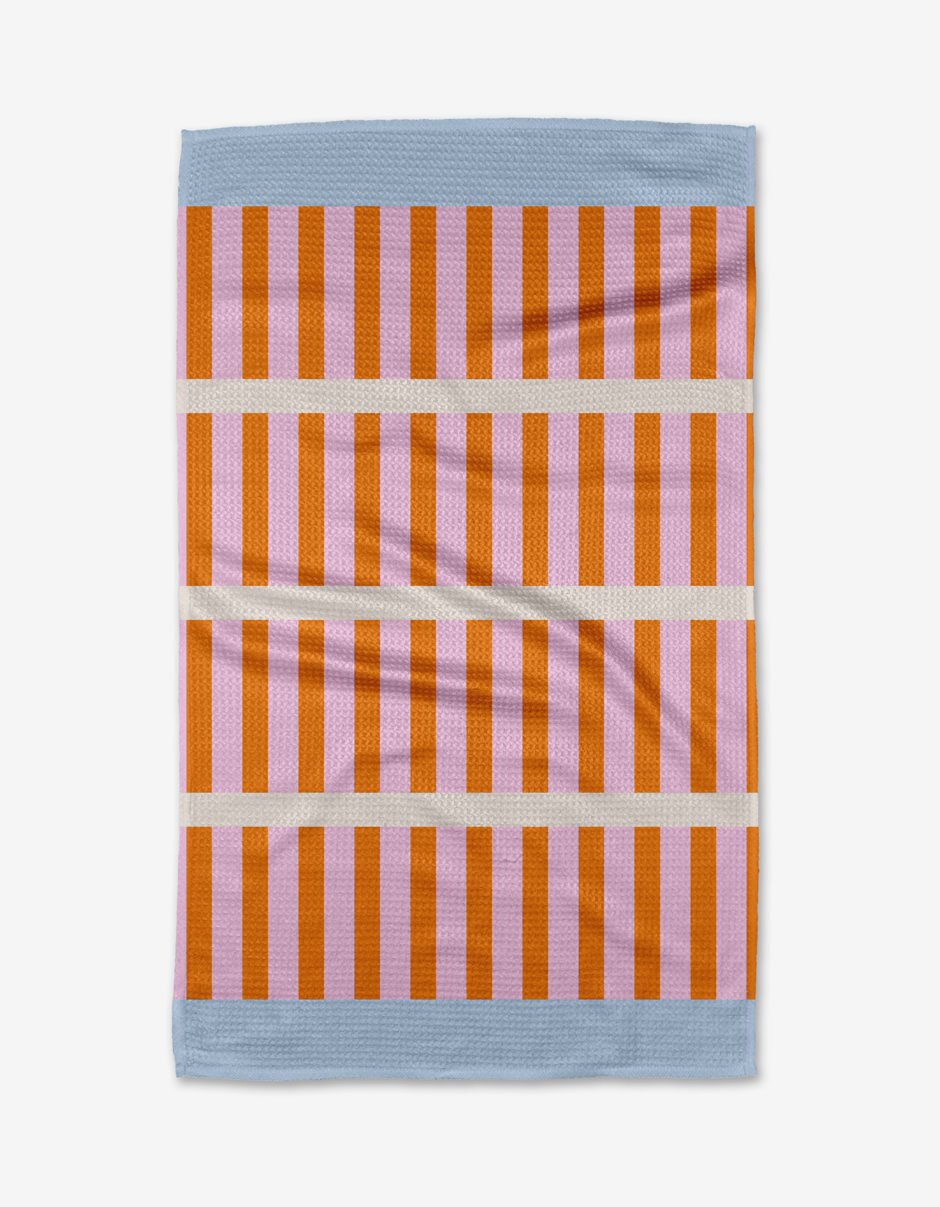 The Red Glow tea towel by Happy Hemera features vertical orange and red stripes, three horizontal beige bands, light blue top and bottom edges, and is crafted from recycled materials.