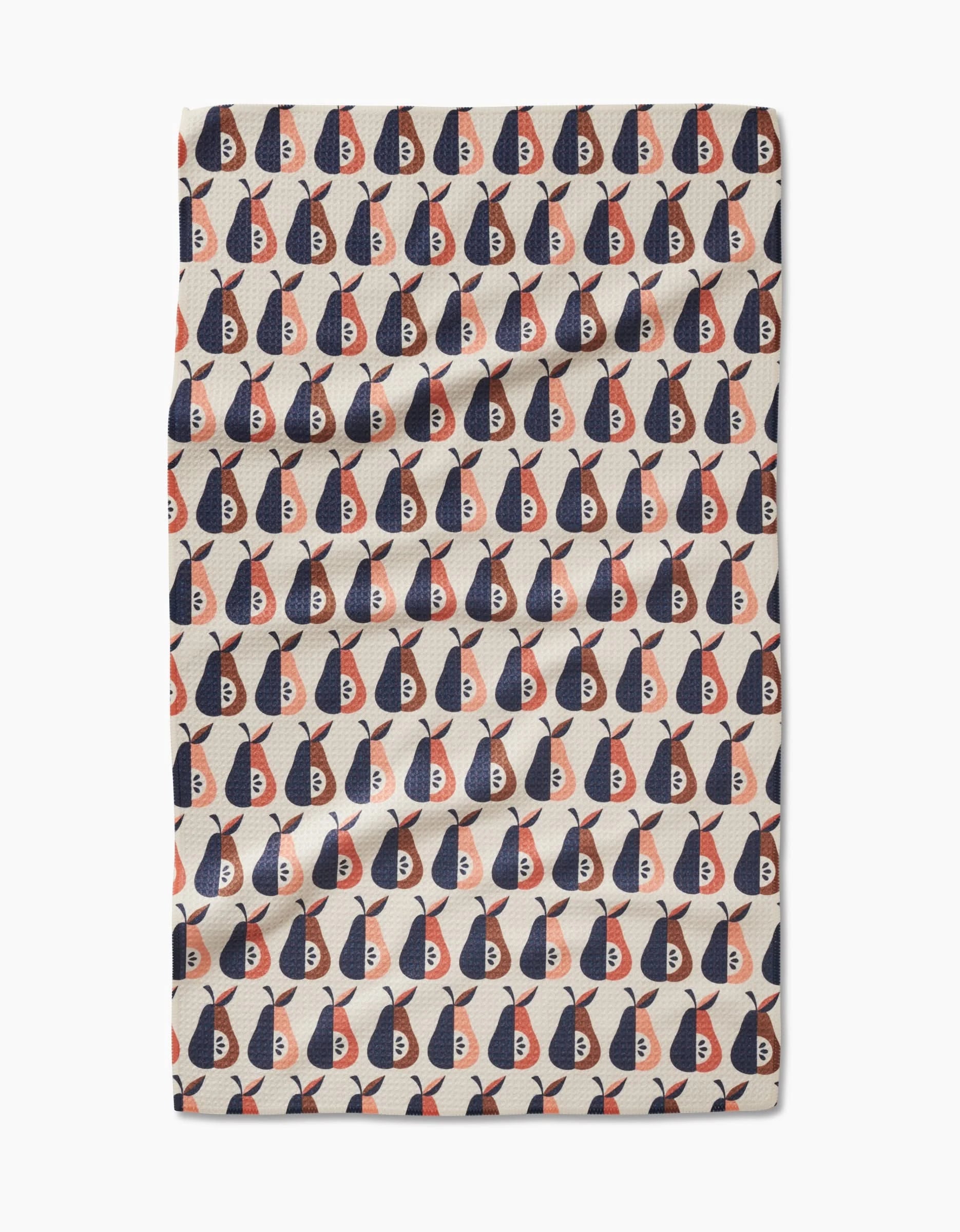 The Retro Pears tea towel by Megan Kampa is beige and features a repeating pattern of red, navy, and white abstract shapes in neat rows and columns.