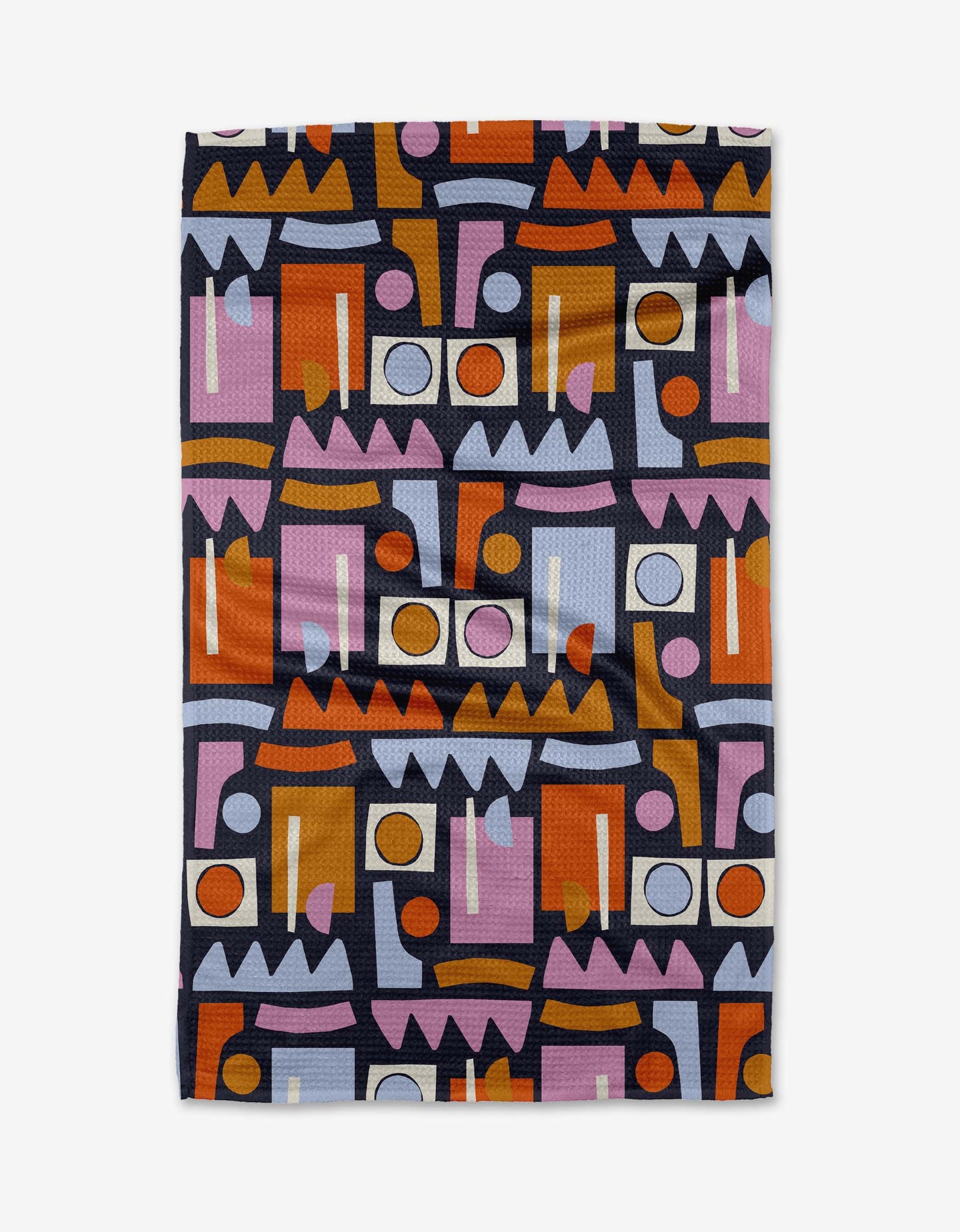 The Retro Shaped Fiesta by Claire Iglesias is a rectangular ultra-absorbent Geoweave cloth with an abstract geometric pattern in black, pink, orange, purple, and white. Bold zigzags, rectangles, circles, and lines create a modern look.