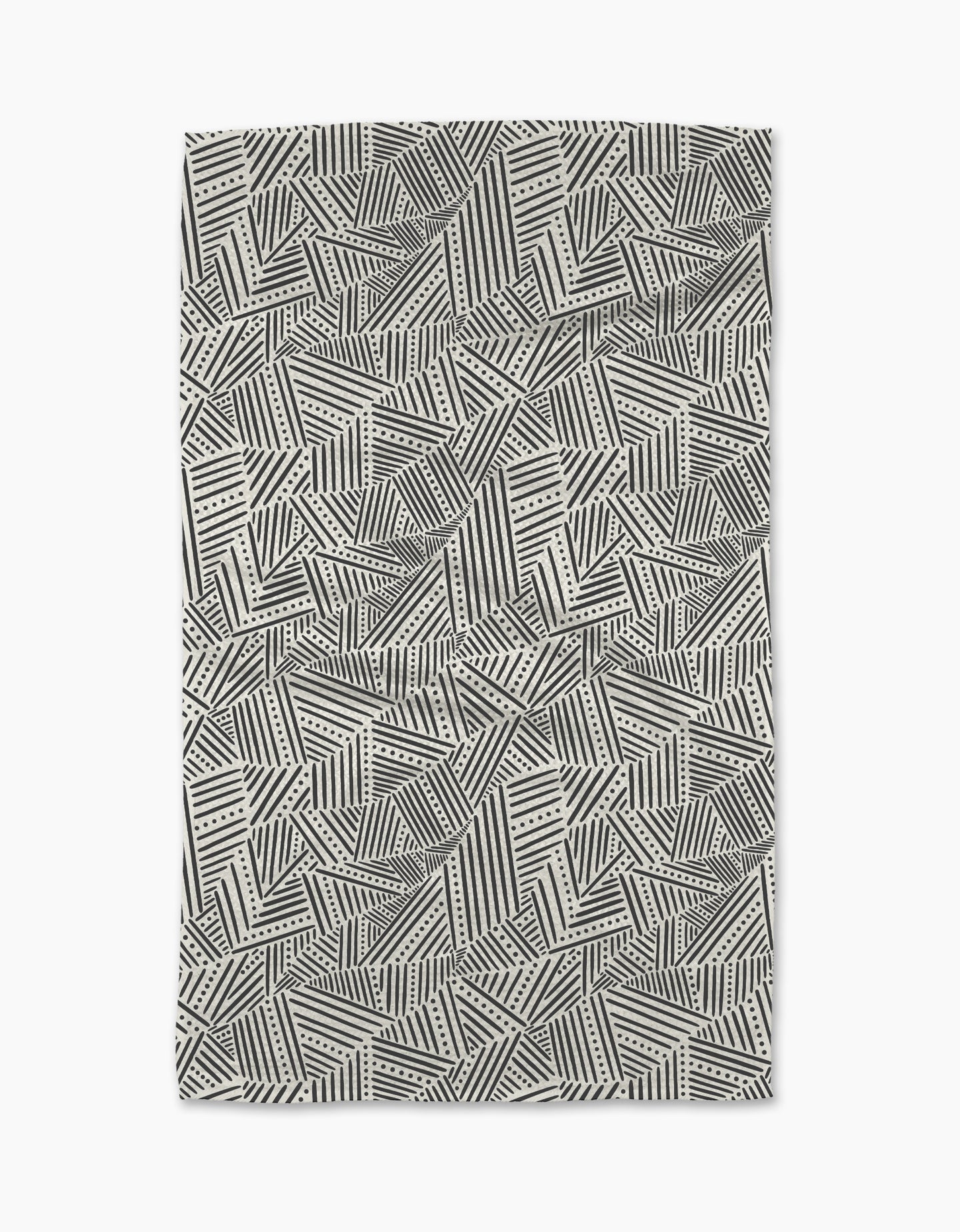 The Rhythm Current Stripes area rug by Sarah Daugherty features a black and white geometric pattern of overlapping lines, dots, and zigzags—an abstract, modern design perfect for enhancing your stylish kitchen space.