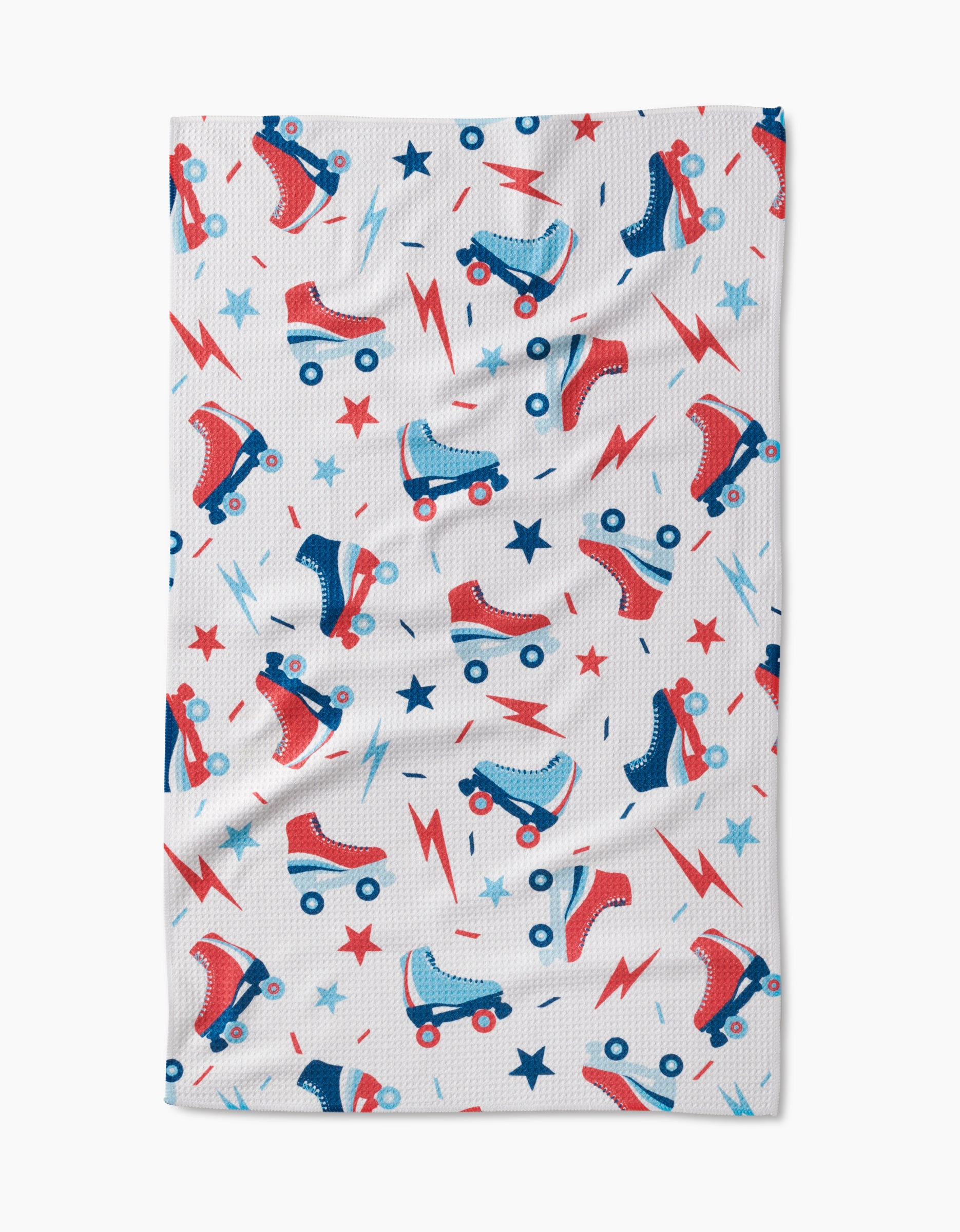 The Rolling With Stars Geoweave cloth by Hufton Studio features a white ultra-absorbent surface with vibrant red and blue roller skates, lightning bolts, and stars.