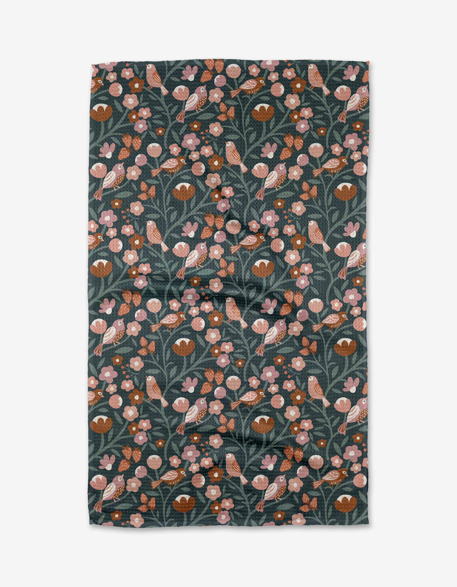 The Charlie Rowan Designs Russet Park Lane Tea Towel features a dark green background with a lively botanical pattern of orange and pink birds, pink flowers, and green leaves. Made from eco-friendly Geoweave™ fabric with recycled materials.
