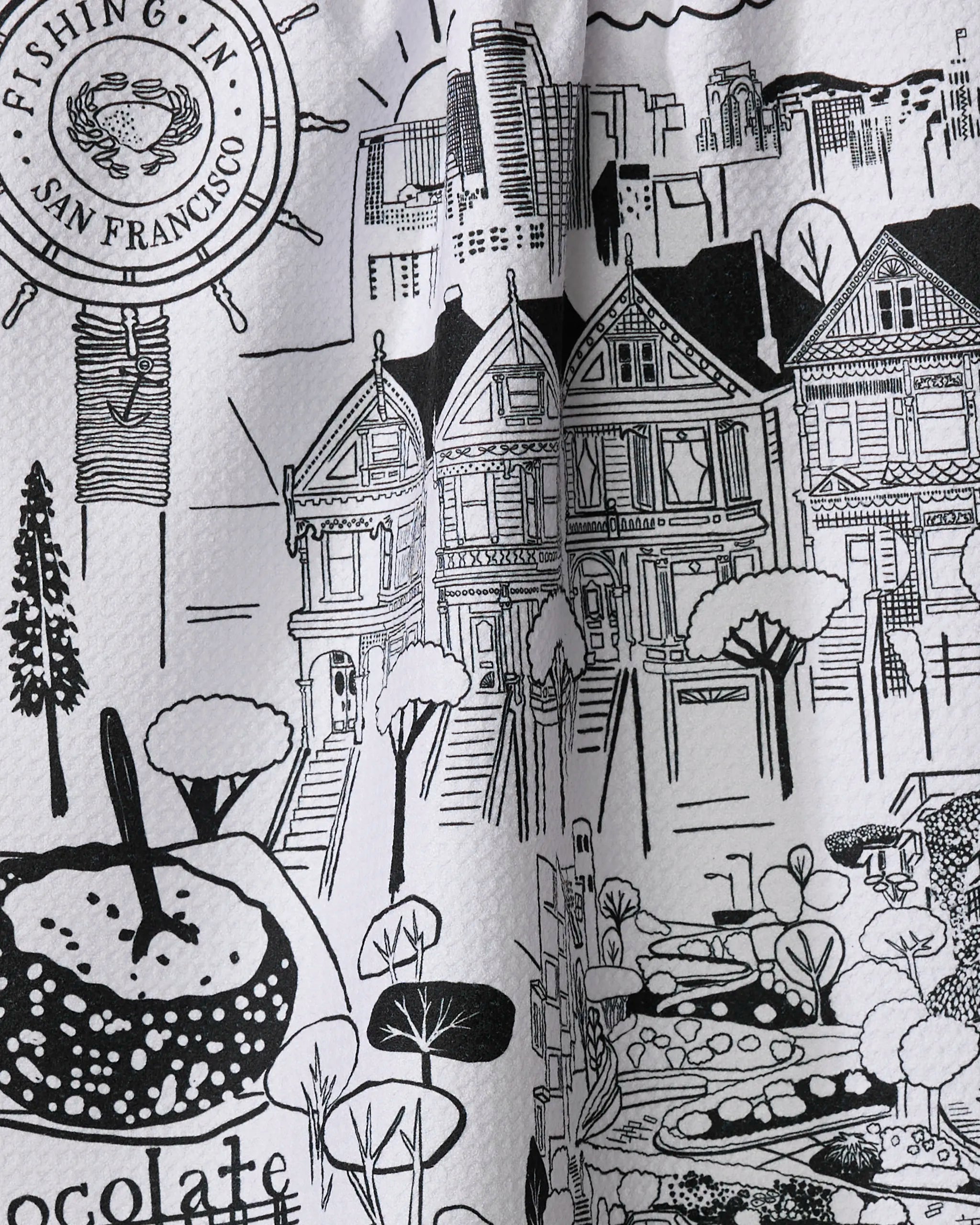 San Francisco by Elisabeth Wing is a black and white line drawing of city landmarks, Victorian houses, trees, a “Fishing in San Francisco” label, and a chocolate bowl—ideal for recycled kitchen towels or stylish tea towels.