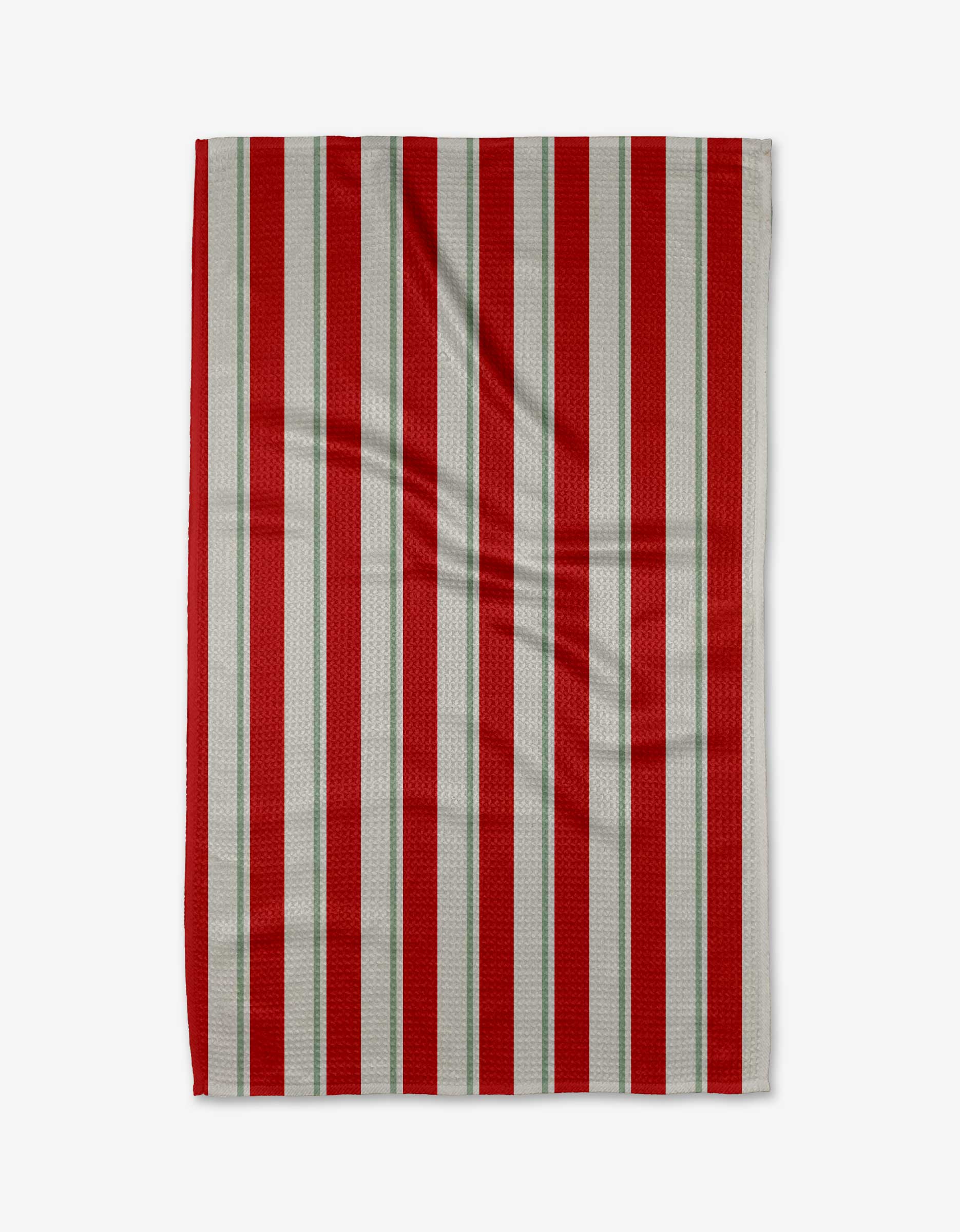 The Kailee Wright Santa Clause Stripe tea towel features vertical red, white, and gray stripes on slightly wrinkled fabric made from ultra-absorbent recycled materials, set against a plain white background.