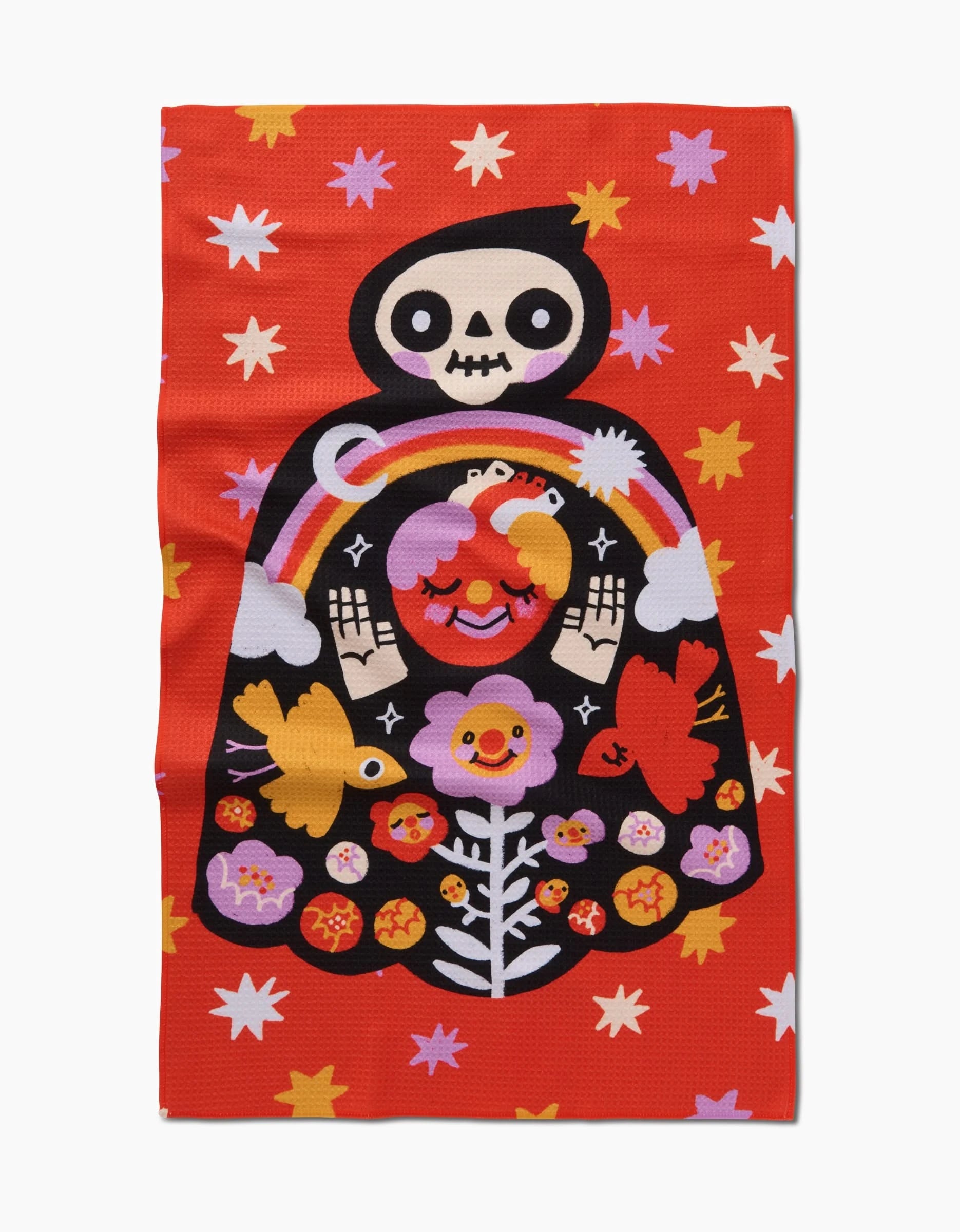 Santa Muerte by So Lazo: a vibrant red recycled kitchen towel featuring a whimsical skeleton in a black cloak, surrounded by flowers, birds, and stars with playful, colorful patterns.