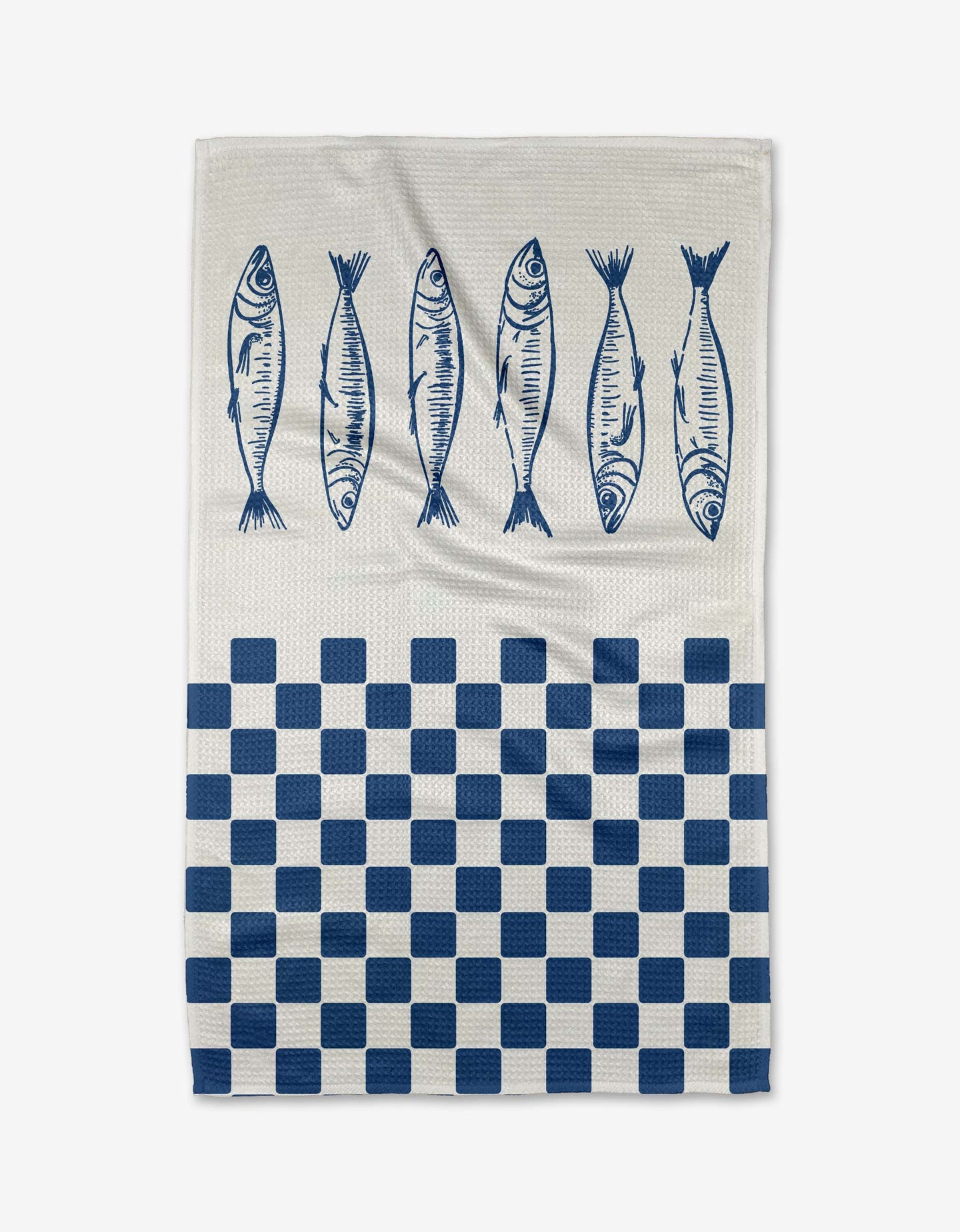 The Hufton Studio Sardine Check Blue tea towel features five blue fish along the top and a blue-and-white checkered pattern on the bottom half, printed on white Geoweave fabric.