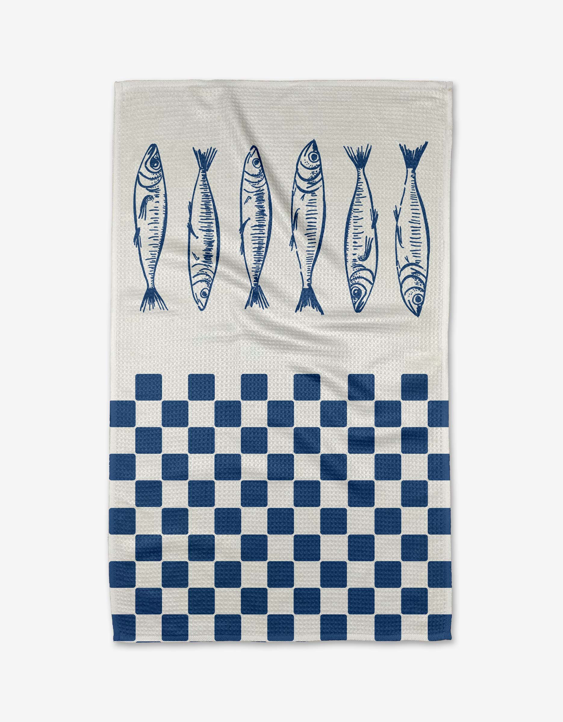 The Hufton Studio Sardine Check Blue tea towel features five blue fish along the top and a blue-and-white checkered pattern on the bottom half, printed on white Geoweave fabric.