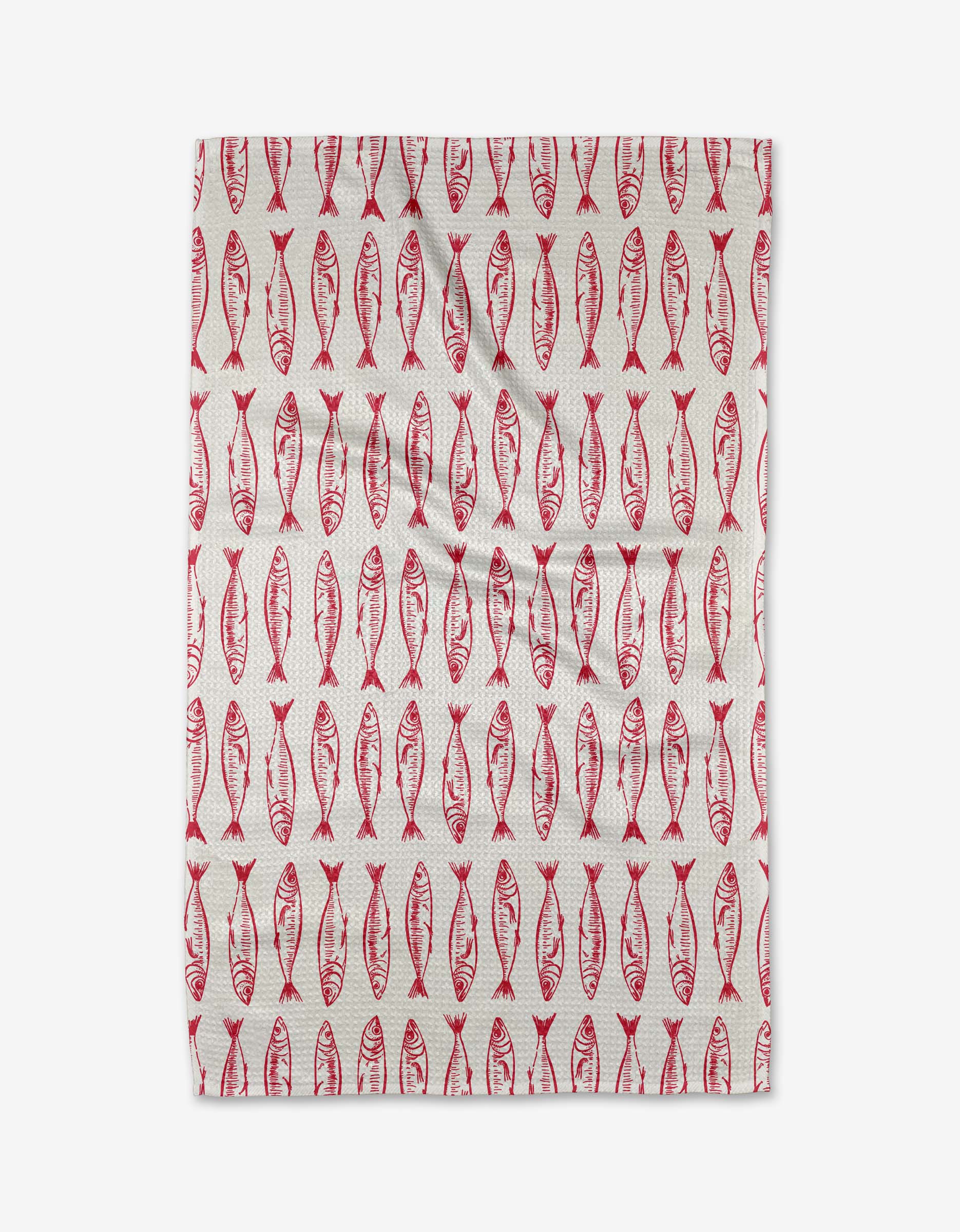 The Sardine Stripes tea towel by Hufton Studio features red, stylized fish in neat vertical rows on white, creating a symmetrical pattern. Made from sustainable materials.